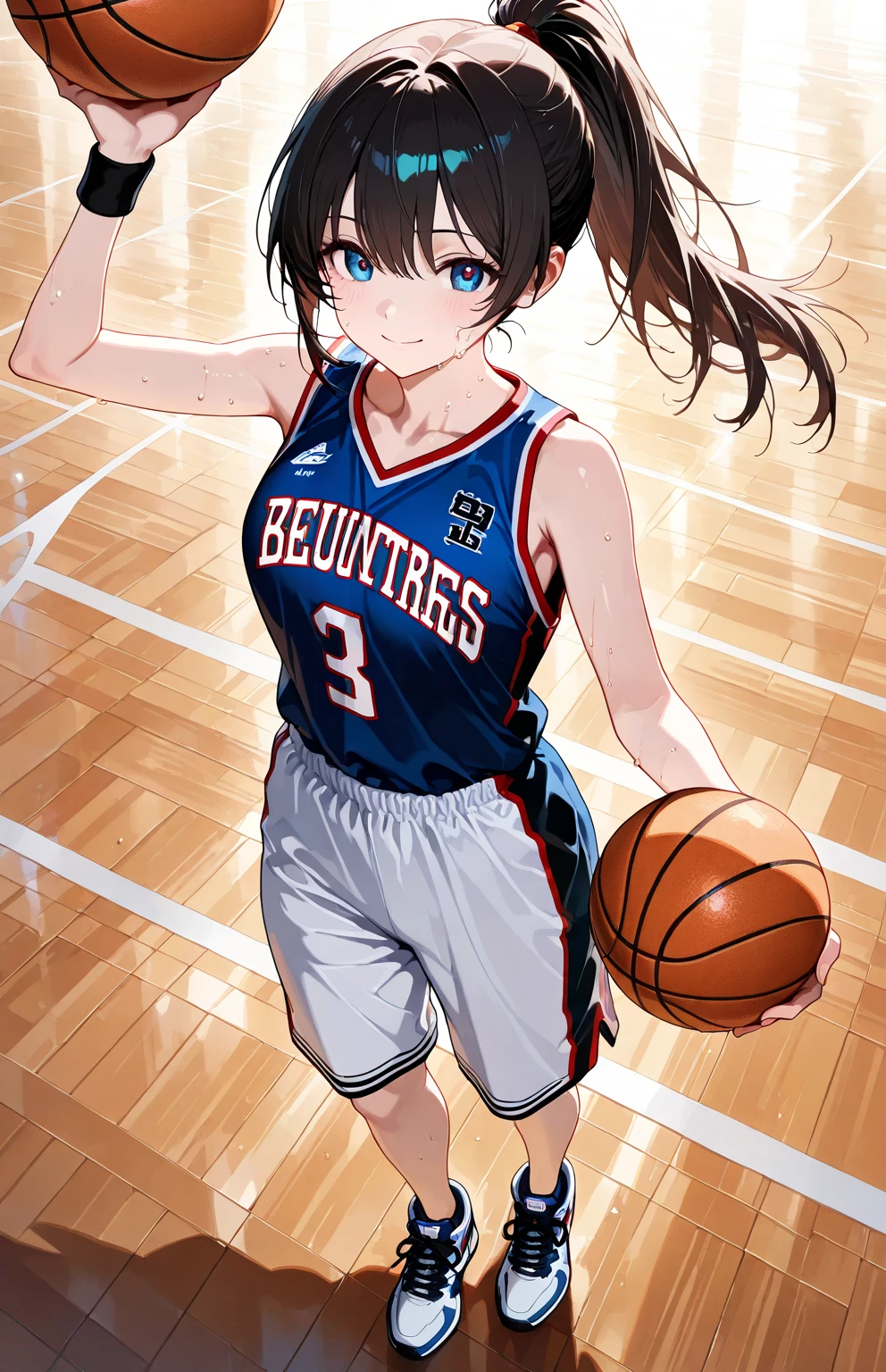 (masterpiece,highest quality,超A high resolution),japanese woman, (((Very beautiful 2 girl))), pretty girl、look at the photographer、 (()), super cute face, glossy lips, double eyelids in both eyes,natural smile、 natural makeup, long eyelashes, Shiny and smooth hair、center image, perfect limbs, perfect ,(((basketball sleeveless uniform)))、,(wet with sweat),ダイナミックなポーズ,basketball court,See-through,ポニーテール