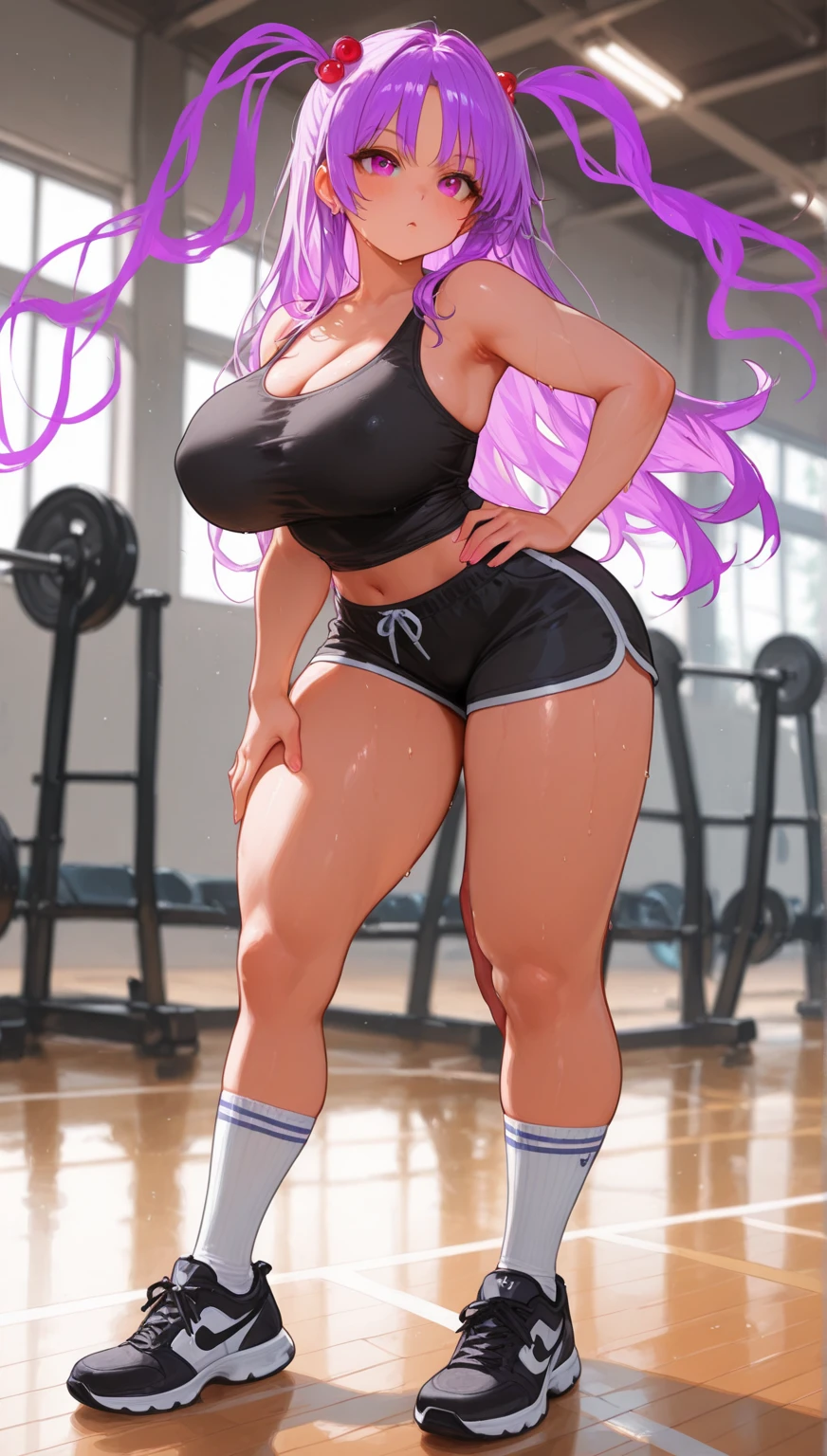 1girl,super huge breasts, pink hair,golden eyes,staring coldly,long hair, body curves, gym, crop top , nsfw, fullbody (best quality,4k,highres,masterpiece:1.2),ultra-detailed, dramatic lighting,vibrant colors,cinematic