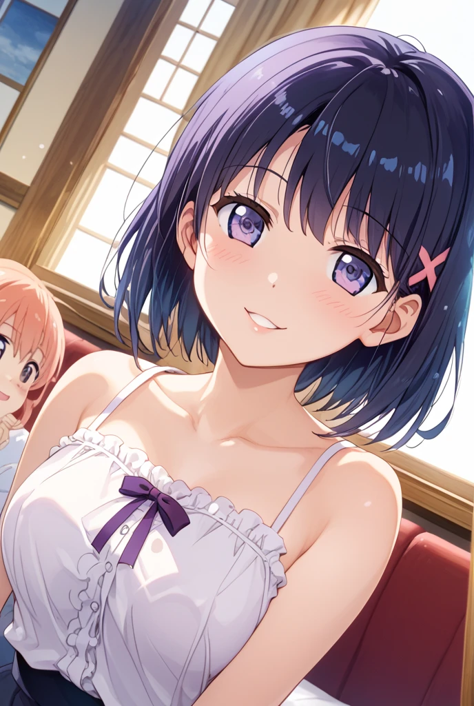 (Highest quality:1.4、8k:1.4,detailed),F cup bust、Big Breasts、Slim and beautiful arms、Slim body、Very white beautiful skin、((((1 person、smile、Swimwear、smile、sit、Chair、In the background are the urban buildings of Tokyo、Outdoor café terrace、coastal、Navy hair color、juice、table、She is wearing a white side-string high-leg bikini、Touching the chest、Shot from slightly above、Looking up、Very cute face))))、looking at the camera、Very beautiful face、Very blue sky、A completely cloudless sky、She tilted her head slightly、The atmosphere is bright and lively、The woman is at the center of the image。