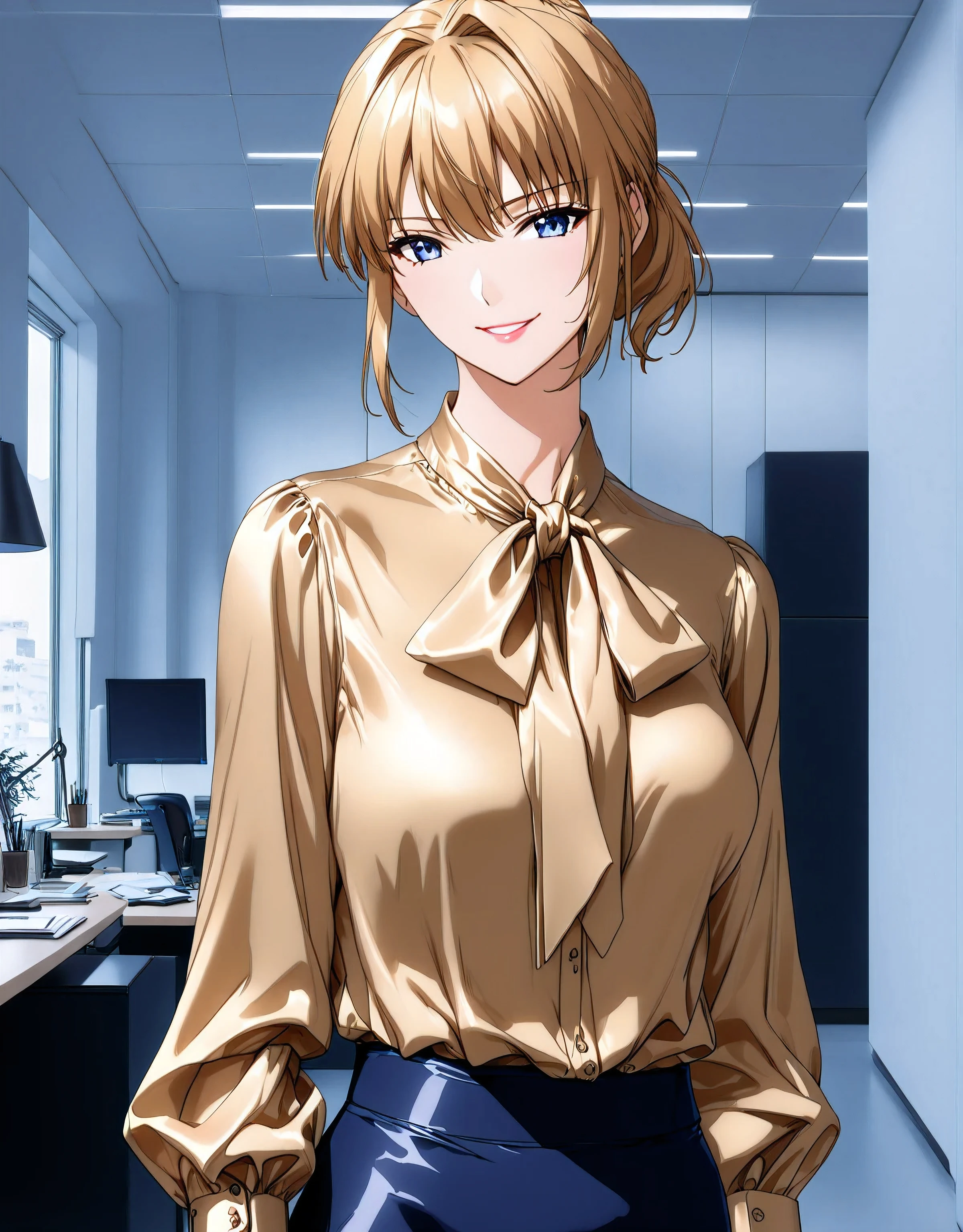 lxlre2, a1ka, (masterpiece, detailed:1.4), <lora:animereal-000007:0.6>, (((bow blouse))), (((wide shot))), (((Anatomically correct proportions))), <lora:shizuku_kousaka-na_honjaman_level_up_s2-pxl-anime-soralz:1.4>, solo girl, blonde hair, Source_anime, anime art, anime style, very aesthetic, anime style, office lady , (((in a modern office))), looks with a smirk, ((lancer of the Artoria Pendragon)), 8K, Masterpiece, very aesthetic, vibrant, Realistic body structure, A perfect style body, (((shiny classical and office style tie-neck golden silk satin blouse))), (((office style classical tie neck silk golden satin blouse))), A realistic golden silk satin fabric, shiny and glossy golden silk satin, (((A shiny and glossy golden blouse))), long sleeve blouse, realistic golden tie-neck, fine details, A tie-neck in the same color as the blouse, hyper-realistic office lady, smooth anime CG art, beautiful anime office lady, The bow tie is meticulously tied in a perfect, bow tie with large loops ribbon, the ribbons are slightly curled at the ends, The knot of the bow tie is meticulously detailed, showing the intricacies of its construction, Subtle shadows define the contours of the bow and the delicate folds of the ribbons, (((navy blue micro mini skirt))), micro-mini skirt, tight skirt from H&M, the tight skirt non-glossy polyester, There is no color other than navy blue in the skirt, portrait, newest, (((anime coloring))),
