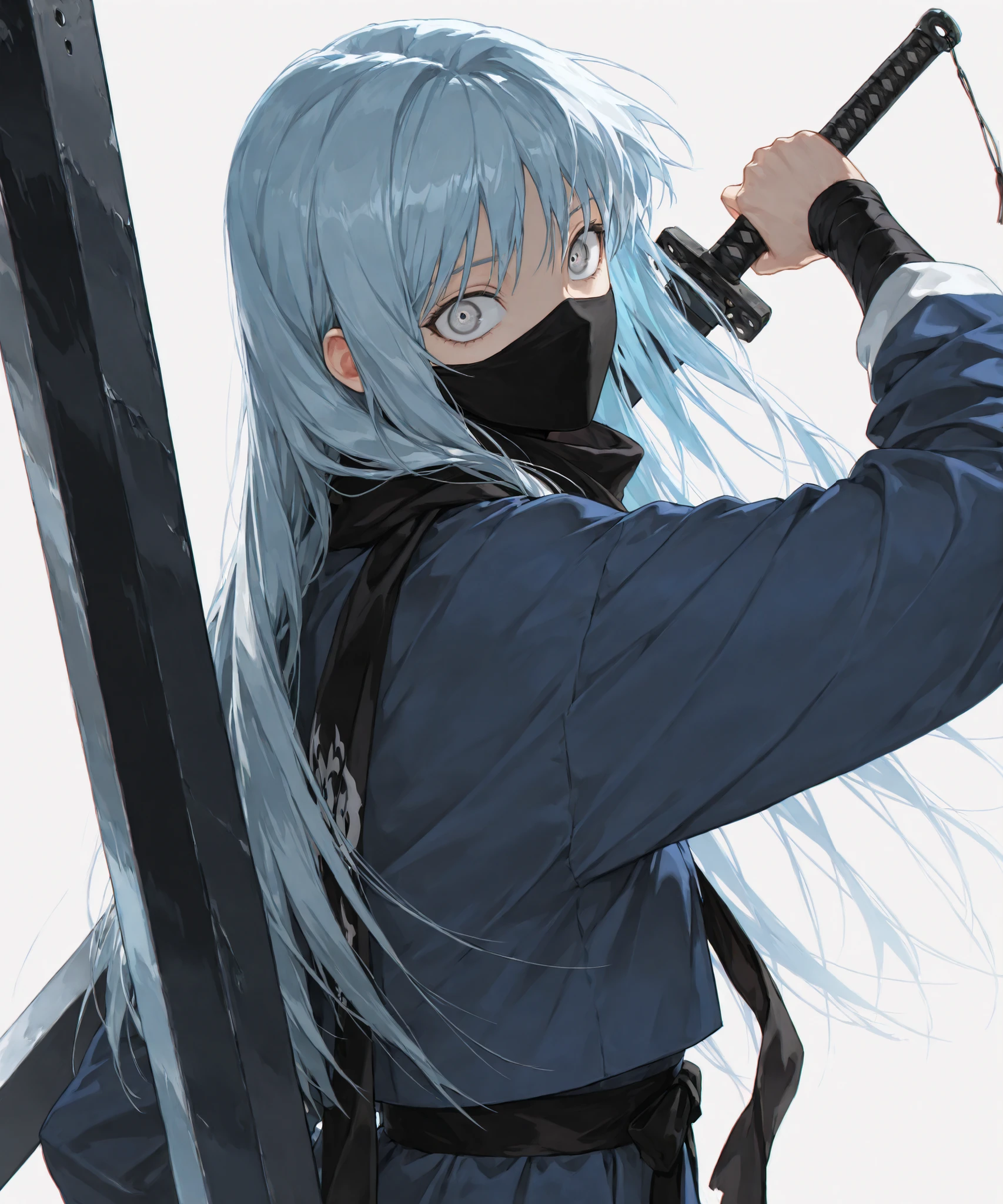 cheolrik,hanbok,wide eyes, (Solo leveling style, anime style:1.3), (looking at viewer, medium shot:1.22), (portrait, side shot, medium shot, three quarter shot:1.3), (1girl:0.95), solo, masterpiece, best quality, amazing quality, very aesthetic, high resolution, ultra-detailed, (soft shading, soft shadows, volumetric light:1.14), long hair, crazy laugh, crazy eyes, crazy expression, Heishou pack, blue hair, ice white hair, gray eyes, covered mouth, Zilu, Ninja, assassin scarf in front of her mouth, wielding Chinese greatsword, zhanmadao sword