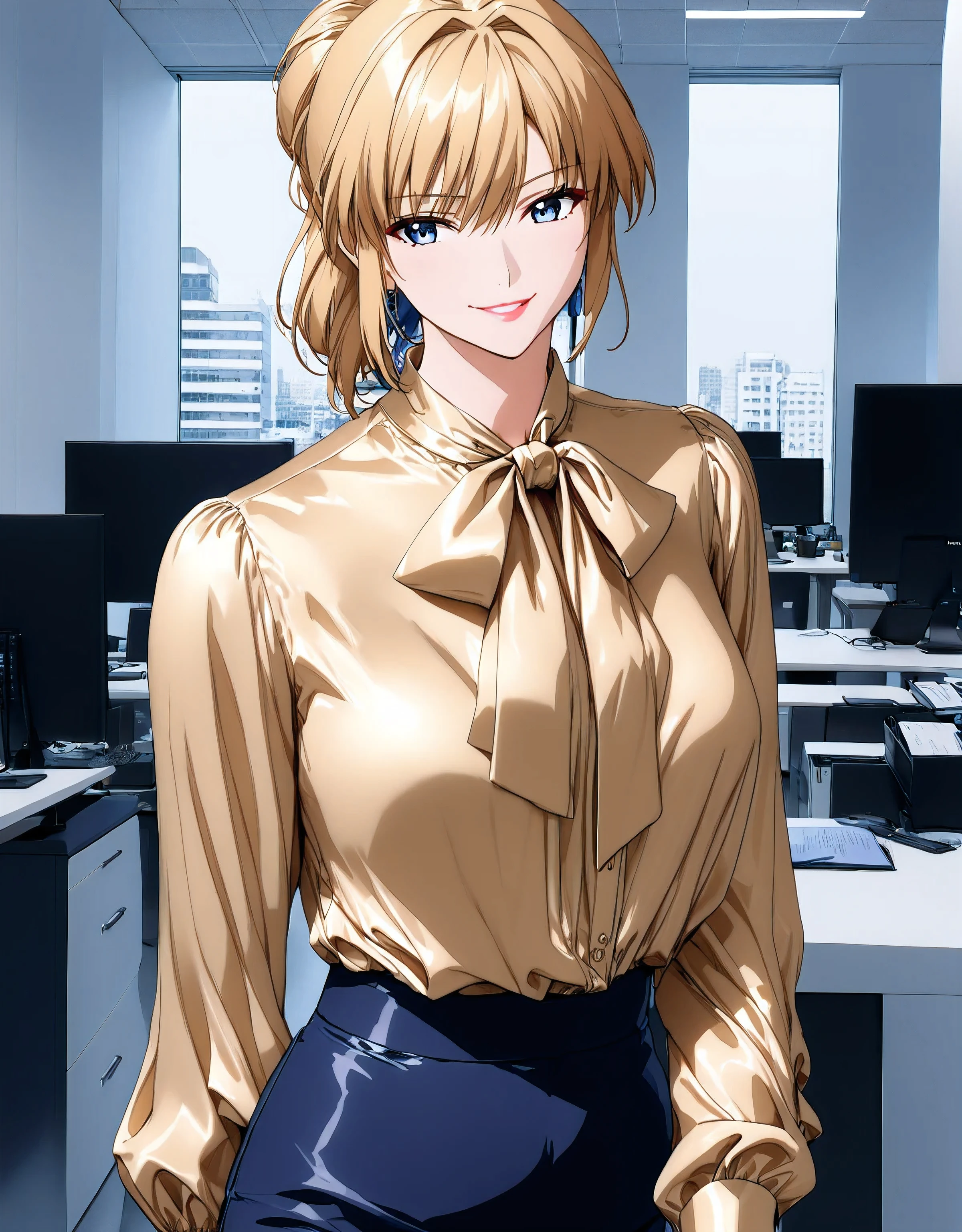 lxlre2, a1ka, (masterpiece, detailed:1.4), <lora:animereal-000007:0.6>, (((bow blouse))), (((wide shot))), (((Anatomically correct proportions))), <lora:shizuku_kousaka-na_honjaman_level_up_s2-pxl-anime-soralz:1.4>, solo girl, blonde hair, Source_anime, anime art, anime style, very aesthetic, anime style, office lady , (((in a modern office))), looks with a smirk, ((lancer of the Artoria Pendragon)), 8K, Masterpiece, very aesthetic, vibrant, Realistic body structure, A perfect style body, (((shiny classical and office style tie-neck golden silk satin blouse))), (((office style classical tie neck silk golden satin blouse))), A realistic golden silk satin fabric, shiny and glossy golden silk satin, (((A shiny and glossy golden blouse))), long sleeve blouse, realistic golden tie-neck, fine details, A tie-neck in the same color as the blouse, hyper-realistic office lady, smooth anime CG art, beautiful anime office lady, The bow tie is meticulously tied in a perfect, bow tie with large loops ribbon, the ribbons are slightly curled at the ends, The knot of the bow tie is meticulously detailed, showing the intricacies of its construction, Subtle shadows define the contours of the bow and the delicate folds of the ribbons, (((navy blue micro mini skirt))), micro-mini skirt, tight skirt from H&M, the tight skirt non-glossy polyester, There is no color other than navy blue in the skirt, portrait, newest, (((anime coloring))),