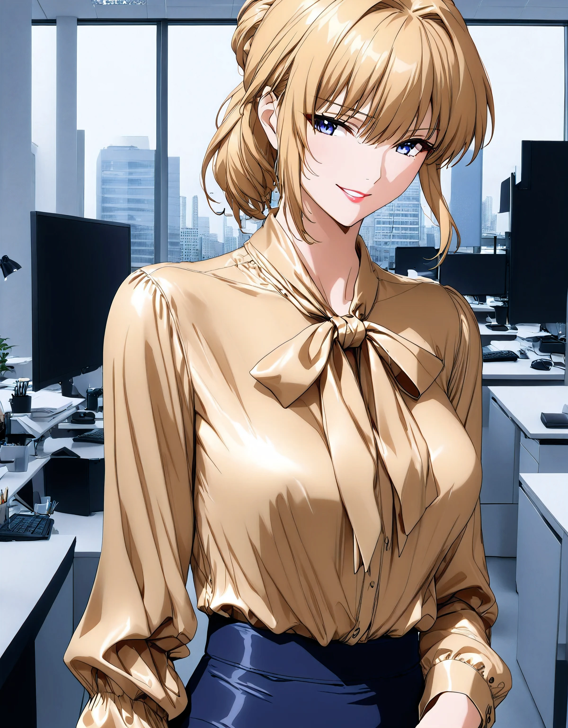 lxlre2, a1ka, (masterpiece, detailed:1.4), <lora:animereal-000007:0.6>, (((bow blouse))), (((wide shot))), (((Anatomically correct proportions))), <lora:shizuku_kousaka-na_honjaman_level_up_s2-pxl-anime-soralz:1.4>, solo girl, blonde hair, Source_anime, anime art, anime style, very aesthetic, anime style, office lady , (((in a modern office))), looks with a smirk, ((lancer of the Artoria Pendragon)), 8K, Masterpiece, very aesthetic, vibrant, Realistic body structure, A perfect style body, (((shiny classical and office style tie-neck golden silk satin blouse))), (((office style classical tie neck silk golden satin blouse))), A realistic golden silk satin fabric, shiny and glossy golden silk satin, (((A shiny and glossy golden blouse))), long sleeve blouse, realistic golden tie-neck, fine details, A tie-neck in the same color as the blouse, hyper-realistic office lady, smooth anime CG art, beautiful anime office lady, The bow tie is meticulously tied in a perfect, bow tie with large loops ribbon, the ribbons are slightly curled at the ends, The knot of the bow tie is meticulously detailed, showing the intricacies of its construction, Subtle shadows define the contours of the bow and the delicate folds of the ribbons, (((navy blue micro mini skirt))), micro-mini skirt, tight skirt from H&M, the tight skirt non-glossy polyester, There is no color other than navy blue in the skirt, portrait, newest, (((anime coloring))),