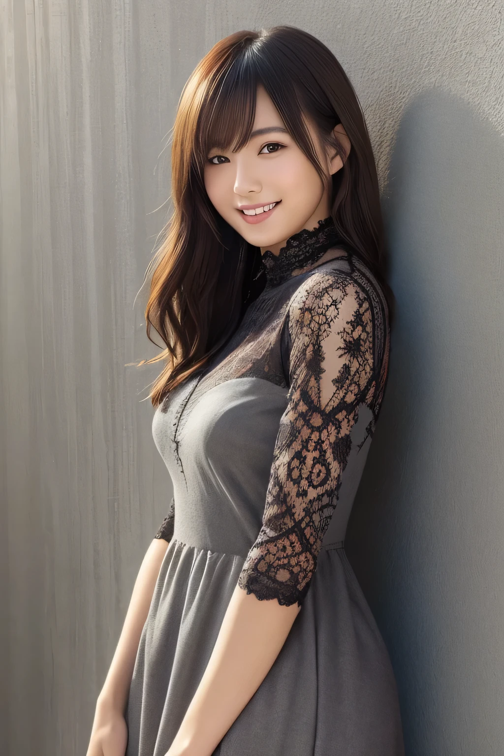 Realistic Photo Quality 、A Japanese model in a dark gray dress is leaning against a wall, sexy dress, open dress, wear an elegant dress , stylish revealing dress , sexy :8, tight skirt, beautiful young Japanese woman , gorgeous model , charming and seductive lace dress, dress with lace top、 rhinoceros high socks 、 looking at camera、Detailed and beautiful eyes、 cute smiles 、 soft and gentle expression 、 have smiling faces