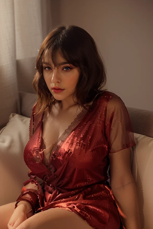 ((my face is very sad)), ((Straddling)), "dark red Lingerie dress" ((Bob Hairstyle)), ((big breast)), (Malaysia female), age 15 years old, 8K, photottorialism, show big thigh. Dark background.