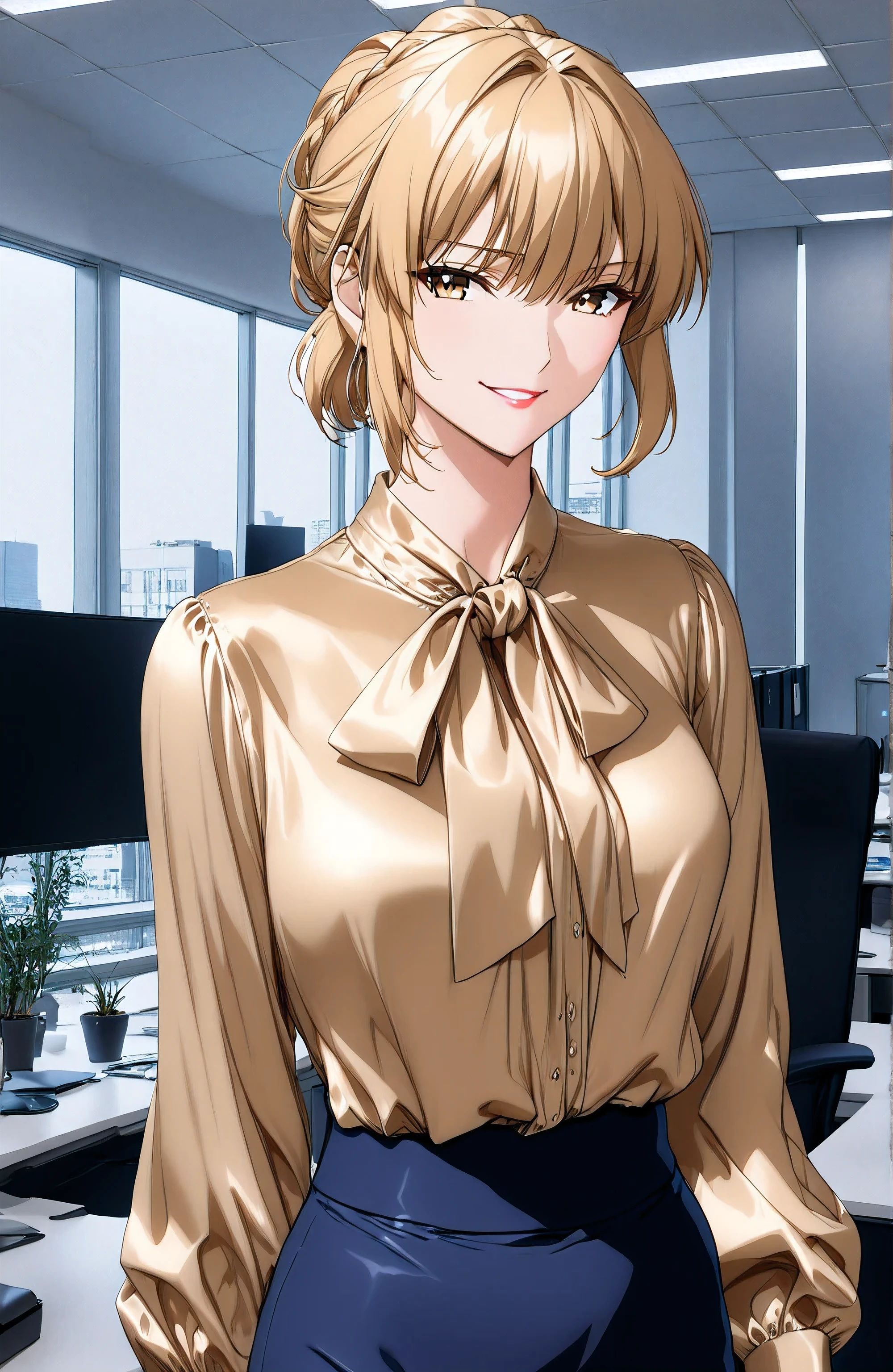 lxlre2, a1ka, (masterpiece, detailed:1.4), <lora:animereal-000007:0.6>, (((bow blouse))), (((wide shot))), (((Anatomically correct proportions))), <lora:shizuku_kousaka-na_honjaman_level_up_s2-pxl-anime-soralz:1.4>, solo girl, blonde hair, Source_anime, anime art, anime style, very aesthetic, anime style, office lady , (((in a modern office))), looks with a smirk, ((lancer of the Artoria Pendragon)), 8K, Masterpiece, very aesthetic, vibrant, Realistic body structure, A perfect style body, (((shiny classical and office style tie-neck golden silk satin blouse))), (((office style classical tie neck silk golden satin blouse))), A realistic golden silk satin fabric, shiny and glossy golden silk satin, (((A shiny and glossy golden blouse))), long sleeve blouse, realistic golden tie-neck, fine details, A tie-neck in the same color as the blouse, hyper-realistic office lady, smooth anime CG art, beautiful anime office lady, The bow tie is meticulously tied in a perfect, bow tie with large loops ribbon, the ribbons are slightly curled at the ends, The knot of the bow tie is meticulously detailed, showing the intricacies of its construction, Subtle shadows define the contours of the bow and the delicate folds of the ribbons, (((navy blue micro mini skirt))), micro-mini skirt, tight skirt from H&M, the tight skirt non-glossy polyester, There is no color other than navy blue in the skirt, portrait, newest, (((anime coloring))),