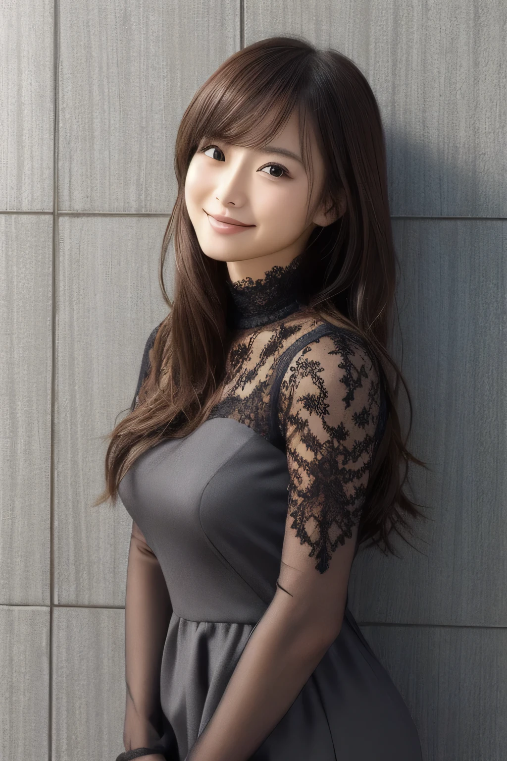 Realistic Photo Quality 、A Japanese model in a dark gray dress is leaning against a wall, sexy dress, open dress, wear an elegant dress , stylish revealing dress , sexy :8, tight skirt, beautiful young Japanese woman , gorgeous model , charming and seductive lace dress, dress with lace top、 rhinoceros high socks 、 looking at camera、Detailed and beautiful eyes、 cute smiles 、 soft and gentle expression 、 have smiling faces