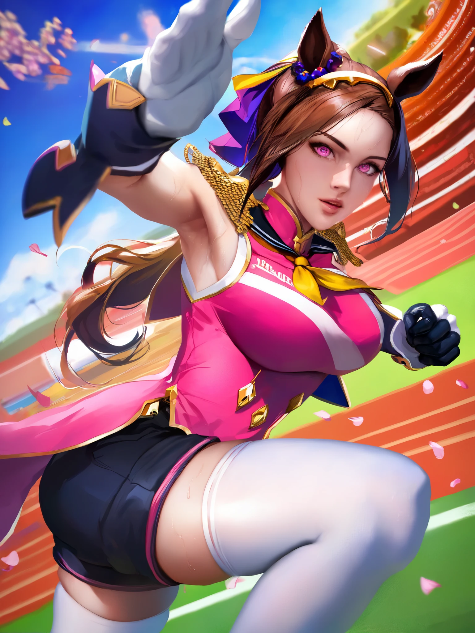 Highest Quality, masterpiece,viewers,Big Bust, big breasts, thighs thicker with canon, Soft Touch, Delicate Body Curves, Realistic human anatomy , Armpit,sweat,solo, 1girl, I can't see the , Jirio Mahonoji, Glynn, staring at you, Running, ponytail, Gold Hairband, horse ears, Year Ornament, pink eyes, flower-shaped pアップils, Symbol in the eyes, eye flower, pink dress, Sleeveless Dress, epaulette, yellow neckerchief, Double Breasted, Mismatched Gloves , black gloves, White Glove, Black Shorts, white thigh high socks, Outdoors, Race Track