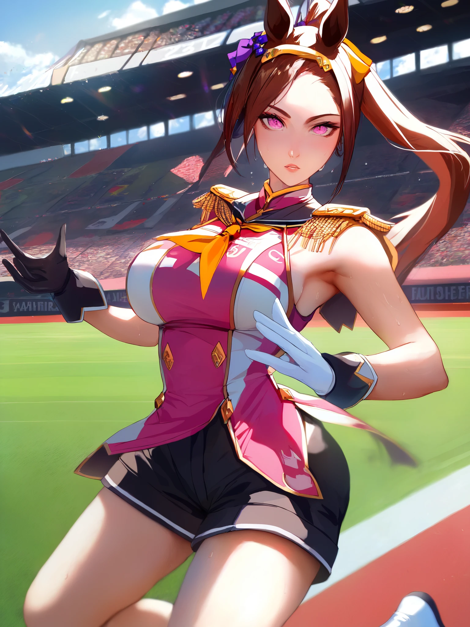 Highest Quality, masterpiece,viewers,Big Bust, big breasts, thighs thicker with canon, Soft Touch, Delicate Body Curves, Human anatomy, Armpit,sweat,solo, 1girl, I can't see the , Jirio Mahonoji, Glynn, staring at you, Running, ponytail, Gold Hairband, horse ears, Year Ornament, pink eyes, flower-shaped pアップils, Symbol in the eyes, eye flower, pink dress, Sleeveless Dress, epaulette, yellow neckerchief, Double Breasted, Mismatched Gloves , black gloves, White Glove, Black Shorts, white thigh high socks, Outdoors, Race Track