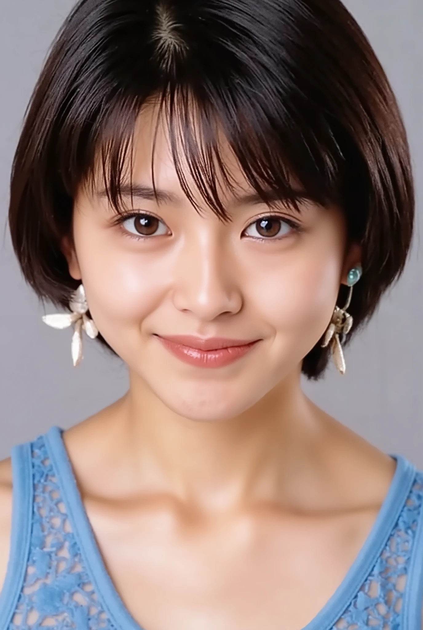 nsfw, (sex:1.3)、girls,blonde's inner color、 dark brown hair 、Smile Yang、beautiful, big breasts元、 Big Breasts That Are About to Break 、big breasts、Nipples、Nipplesポット、(blue lace see-through erotic bra、)、8k、Photogenic, (raw photos, Highest Quality), (reality, reality的な:1.4), beautiful details, beautiful lip details, highly detailed eyes and face spreading pussy , BREAK IS PERFECT ANATOMY, CRYSTAL SKIN, Wake Up, Capture the light、gray background