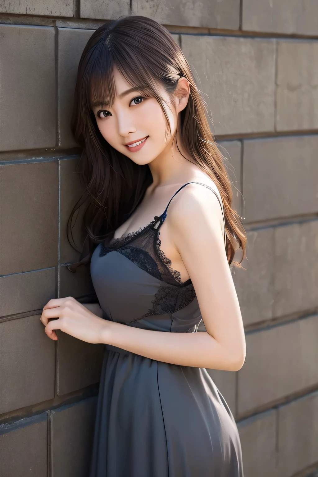 Realistic Photo Quality 、A Japanese model in a dark gray dress is leaning against a wall, sexy dress, open dress, wear an elegant dress , stylish revealing dress , sexy :8, tight skirt, beautiful young Japanese woman , gorgeous model , charming and seductive lace dress, dress with lace top、 rhinoceros high socks 、 looking at camera、Detailed and beautiful eyes、 cute smiles 、 soft and gentle expression 、 have smiling faces