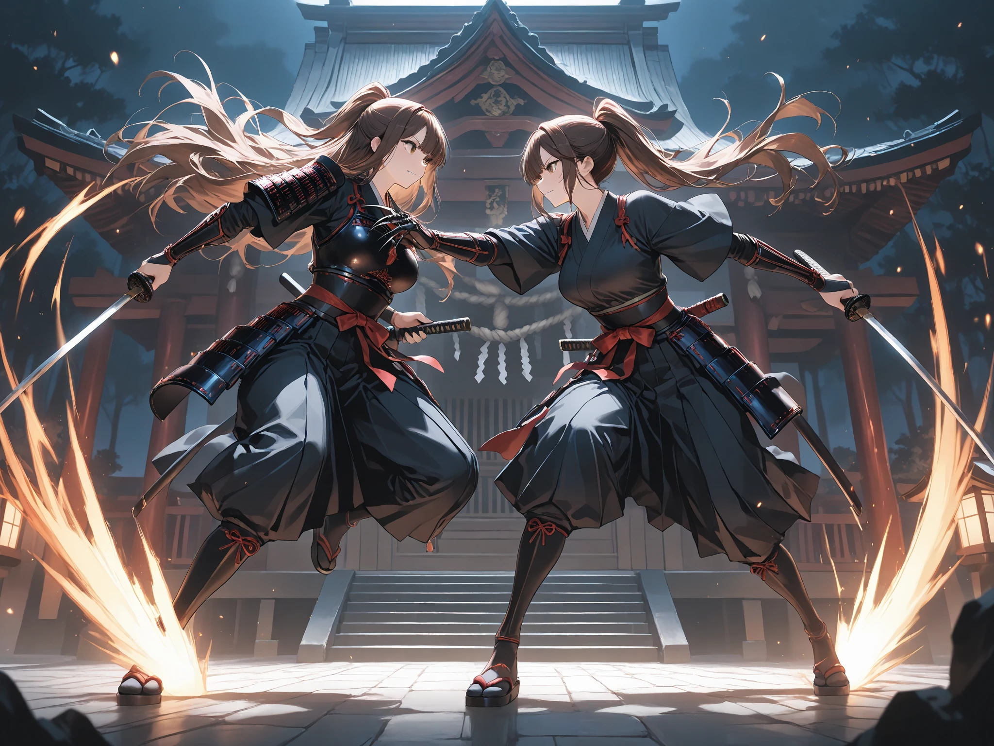 Full body shot of two adult females locked in an intense battle, wielding swords with deadly intent. They have long loose hairstyles, as they clash in traditional sleeveless kimonos, cinched at the back hip by striking obis. The fighters are adorned with black thin long gloves at their two hands, pleated skirts, and black thigh highs at their two legs. The battle takes place in a dense and lush forest.