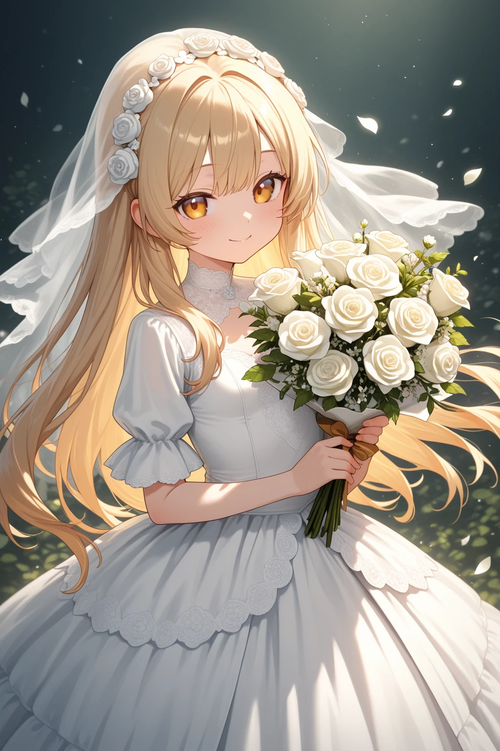 there is a girl in a white dress holding a bouquet of flowers,  in dress, painted in anime painter studio, guweiz on pixiv artstation, guweiz on artstation pixiv, made with anime painter studio, splash art anime , guweiz, artwork in the style of guweiz, guweiz masterpiece