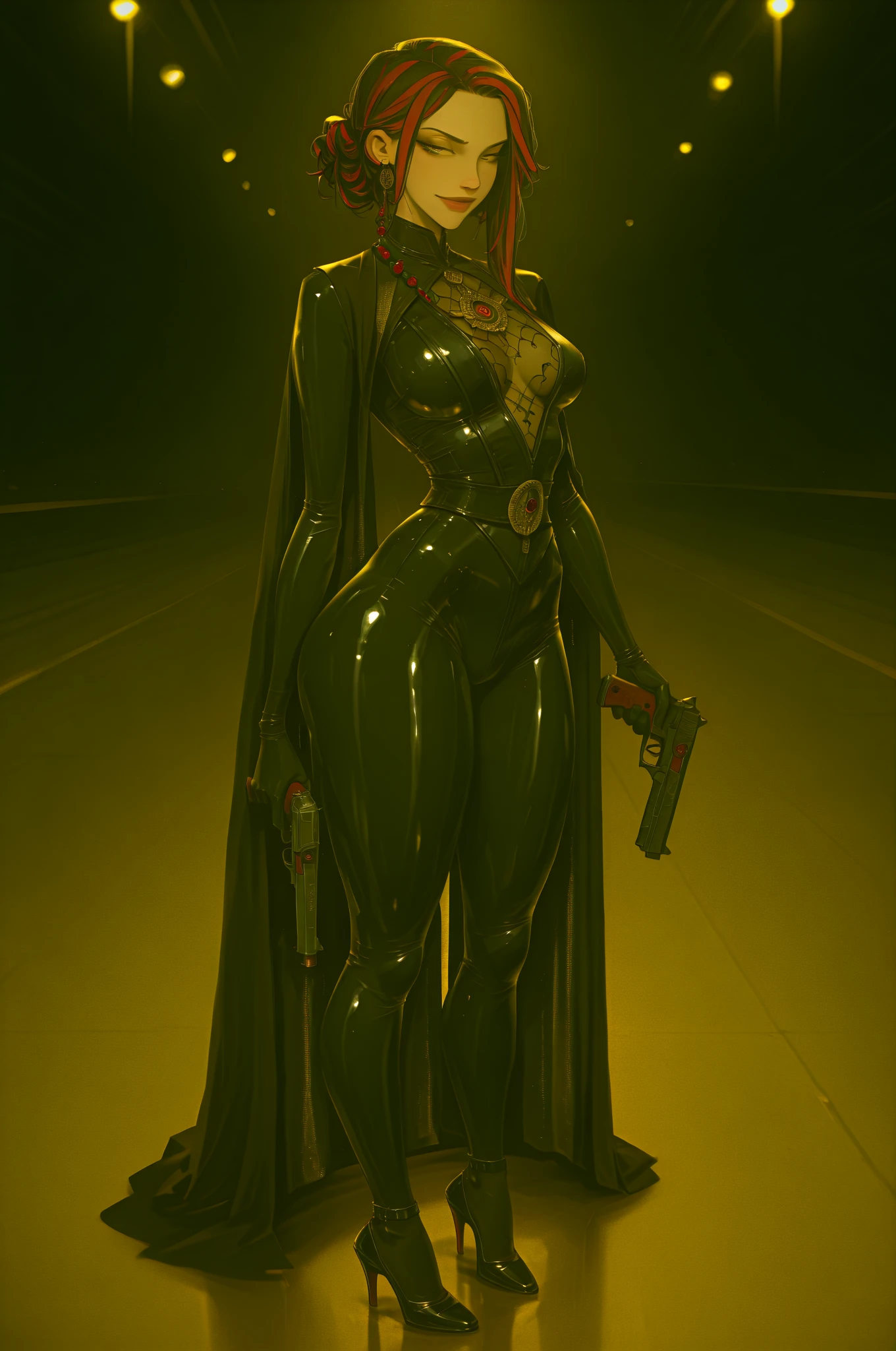 full body photo, 1 Woman transformed into a humanoid mutant Monster, immensely large breasts, futuristic shoe, expressively evil look, futuristic all black alien outfit with golden details with scales, short green hair, blue alien eyes, heavy makeup on the face, posing, city scene being attacked by alien ships exploding the buildings with heavy rain, she has her body and hair soaked, high detail, Futurism, anime, cowboy shot, 16k, UHD, masterpiece, ccurate, anatomically correct, super detail, award winning, highres