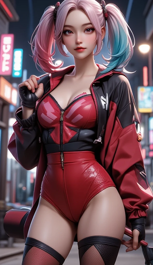 ((masterpiece)), ((best quality)), ((game)), girl, ((Harley Quinn character)), ((beautiful body)), pale skin, ((eyes)), eyebrow, (( ear)), happy, smile, hair, ((hair highlights effect)), (arms), thin waist, ((thick legs)), ((big thigh)), standing, ((background scenery) ), ((game map)), ((arena)), ((seeing)), ((hair blowing)), ((mountain)), ((leaves flying)), ((beautiful day)), pov , ((viewer view)), ((want to hug)), ((blushing)), lustful,