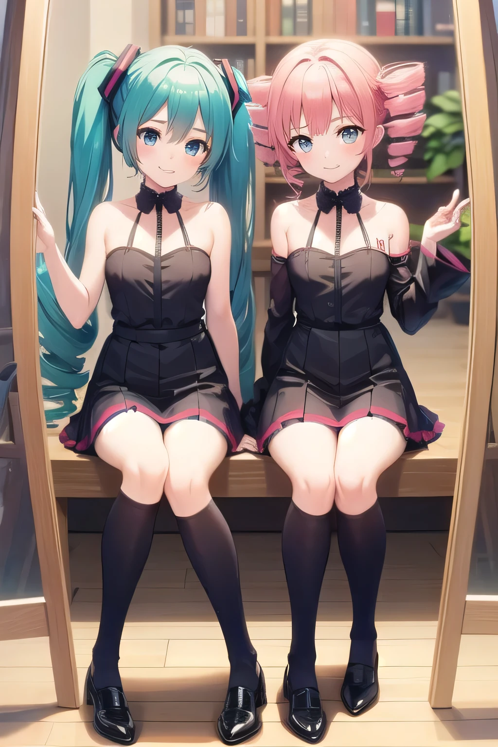 (best quality)), ((masterpiece)), ((detailed))。2 girls。Hatsune Miku。Kasane Teto。twin drill。Mirror House。((lots of mirrors 。The mirror images of the two of us are alternately reflected in the mirror))。Suspicious Smile。