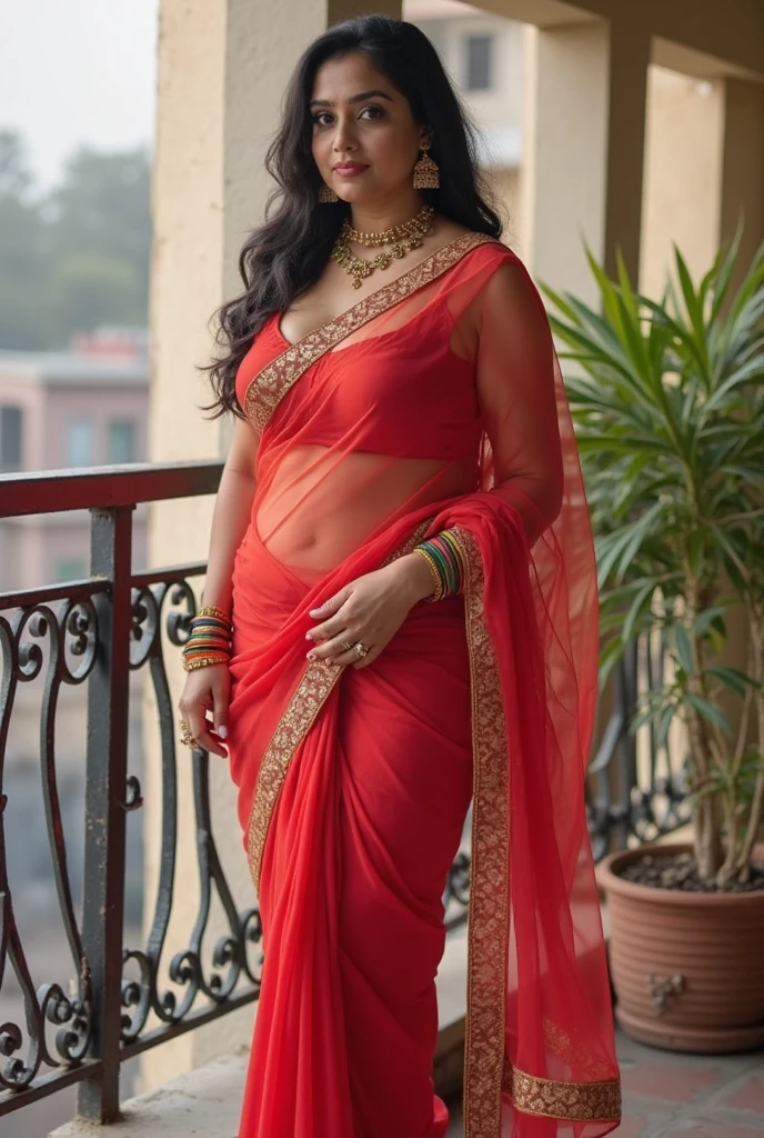  Indian chubby Wife with a huge round and long cleavage line visible in a sexy folded net saree, HDR, 8k, hyperdetailed, best quality, ultra-high resolution, HDR, 8k, walking on the lawn , look at viewer, waist level view