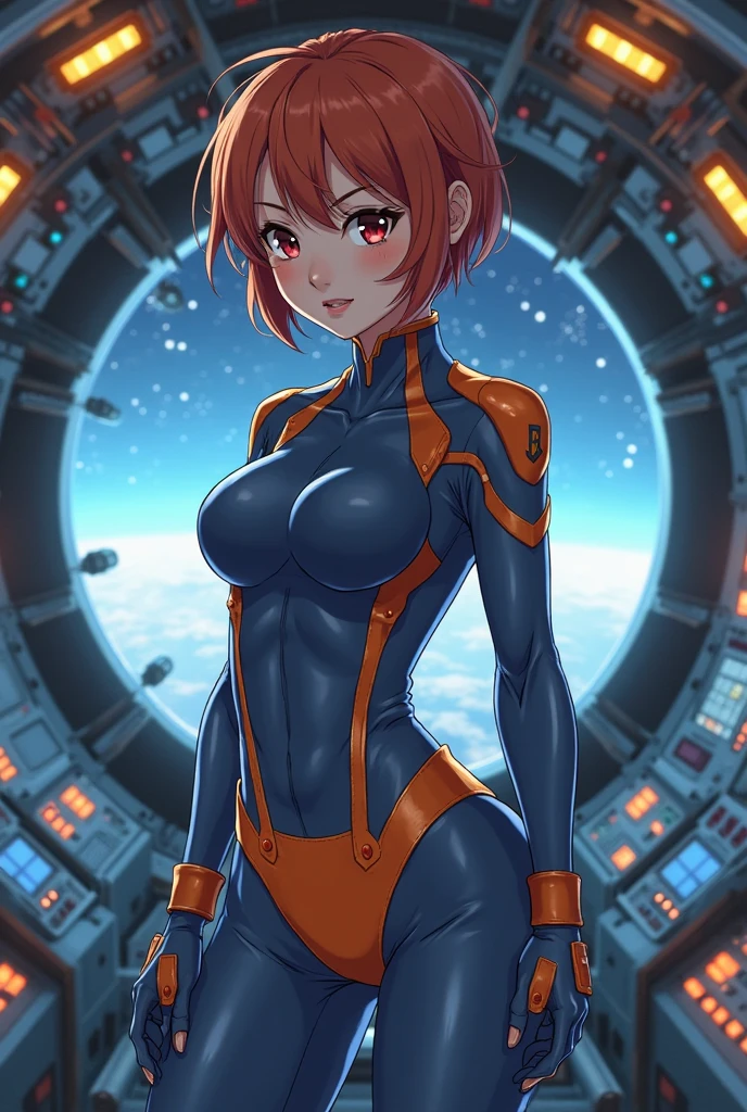 1 Girl、Medium Bust、solo、Red Hair、Osage Hair、White mobile race suit、Shoulder Armor、ceiling、Wide Shot、Looking Ahead、profound、Fighting Pose、Closed Mouth、Highest quality、medium quality、22 years old、Mobile Trace System、cockpit、