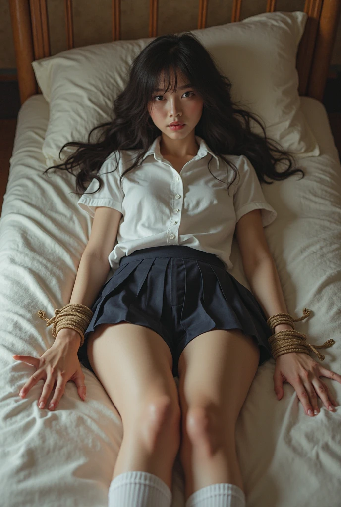 1girl in、18-year-old schoolgirl、(Super beautiful)、(beauitful face:1.2)、(Clear pubic contours),(spreads her legs)、(tie up with rope:1.4)、On the bed in the infirmary、high-school uniform、Dark blue pleated skirt、(white panties)、(At SFW:1.1)、opened eyes, a smile, (Gasping), (gasp:1.5), (ecstacy)、Look at viewers、(((Show her a little)))、((small tit))、shot from top、Angle from above、On the bed in the infirmary、