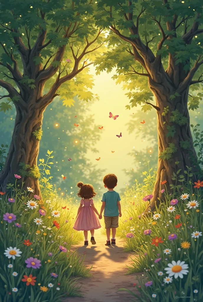 A girl and a boy are standing back to the left and the boy passes by her and goes to the right. The girl's side turns into greenery and flowers and the boy's side turns into chocolate.