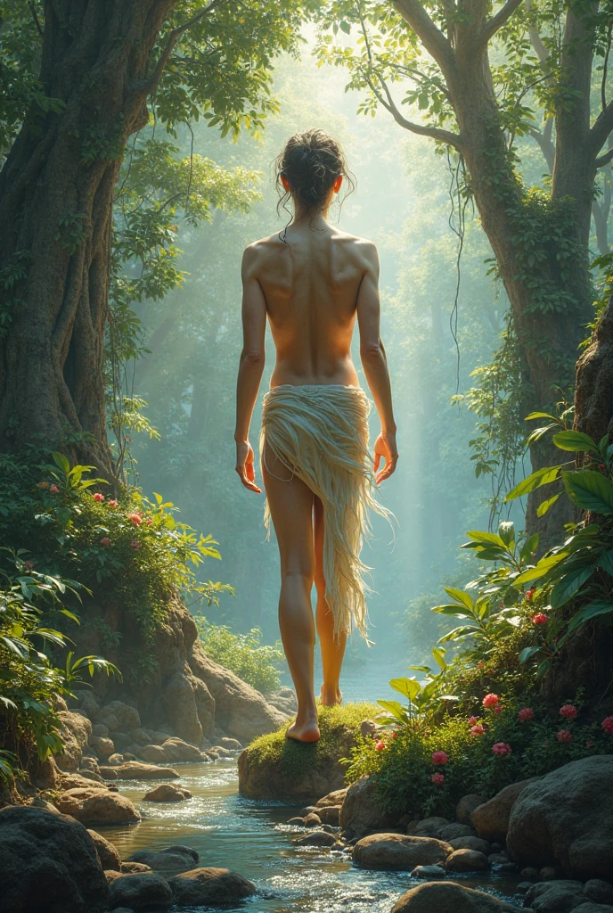 ((solo)), naked young woman cautiously navigating through a dense, wild forest, warrior girl,(((completely naked))), tense expression on her face, ((axe in hand)), eyes scan the surroundings with a mix of determination and apprehension, searching for signs of danger lurking amidst the foliage ((naked, athletic, muscular, suntanned))