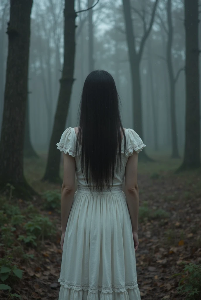 woman in a white dress, black hair, head down facing the image, with her hair covering her eyes, tense and gloomy atmosphere, amidst the fog