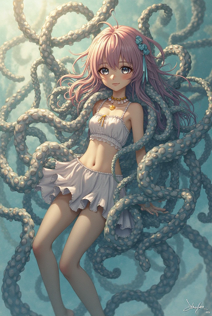(((Wet Summer Dress、Pink tentacles crawling over my skin)))、((((Many thick tentacles wrap around the limbs and restrain them.))))、((Petite and cute girl、Slightly thick body、Soft belly、Large Breasts、Thick legs、Leg spread))、((Grimacing, closing your eyes、Open your mouth wide and scream、Trance、Blushing))、(Wet Skin)、(Countless tentacles behind her)、Waterside in the cave、(((From the back)))