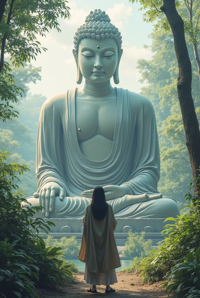 Design a scene of a person and the Leshan Giant Buddha Scenic Area, animation style, artistic conception, people and the Buddha have some connection, the characters are close-up, front or side, but the perspective light and shadow are reasonable