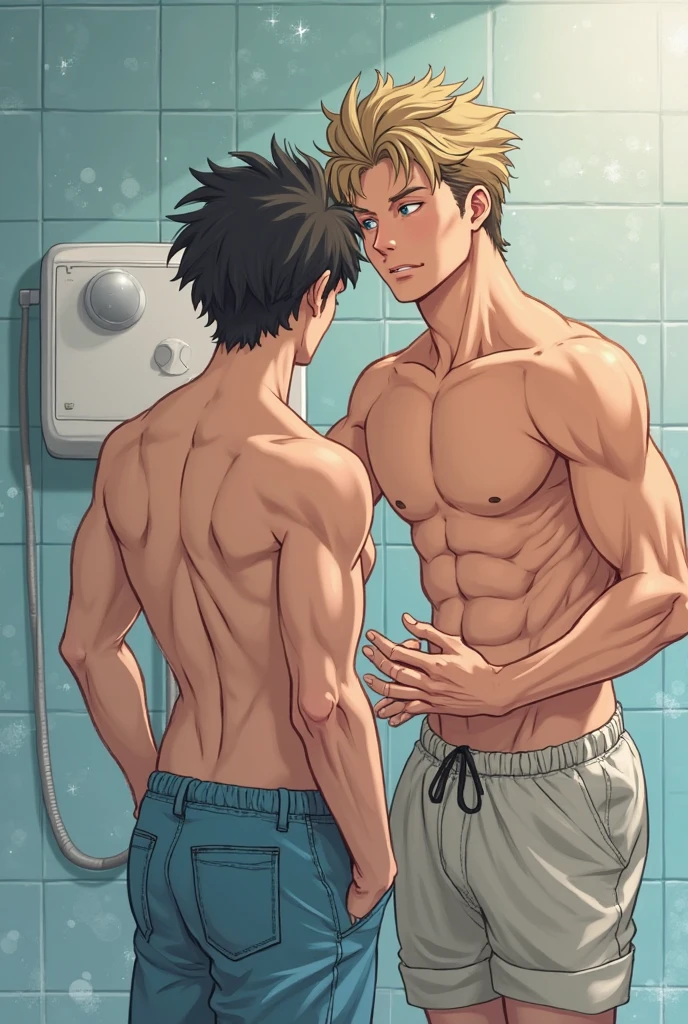 ((vintage pin up style)), 2boys, yaoi, handsome young man, muscular bodybuilder, exaggerated tiny waist, showering, middle parting hair, another handsome mature man shampoos his hair from behind, nude, tiny low rise white speedo, massive pecs, penis outline, bottom only underwear tan line, ((((soapy body)))), ((steamy)), bubbles, cheeky smile, gay, homoerotic, best view, perfect fingers, no watermark, no logo, no signature