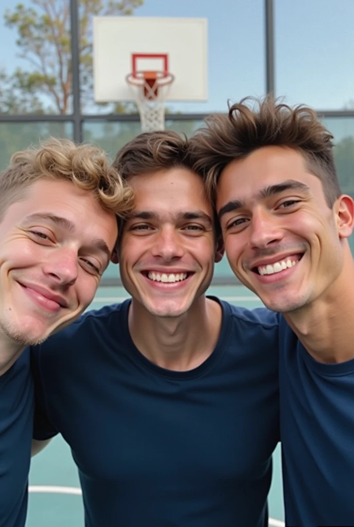 Four handsome teenager boys  in underwear bathing in the swimming pool 
