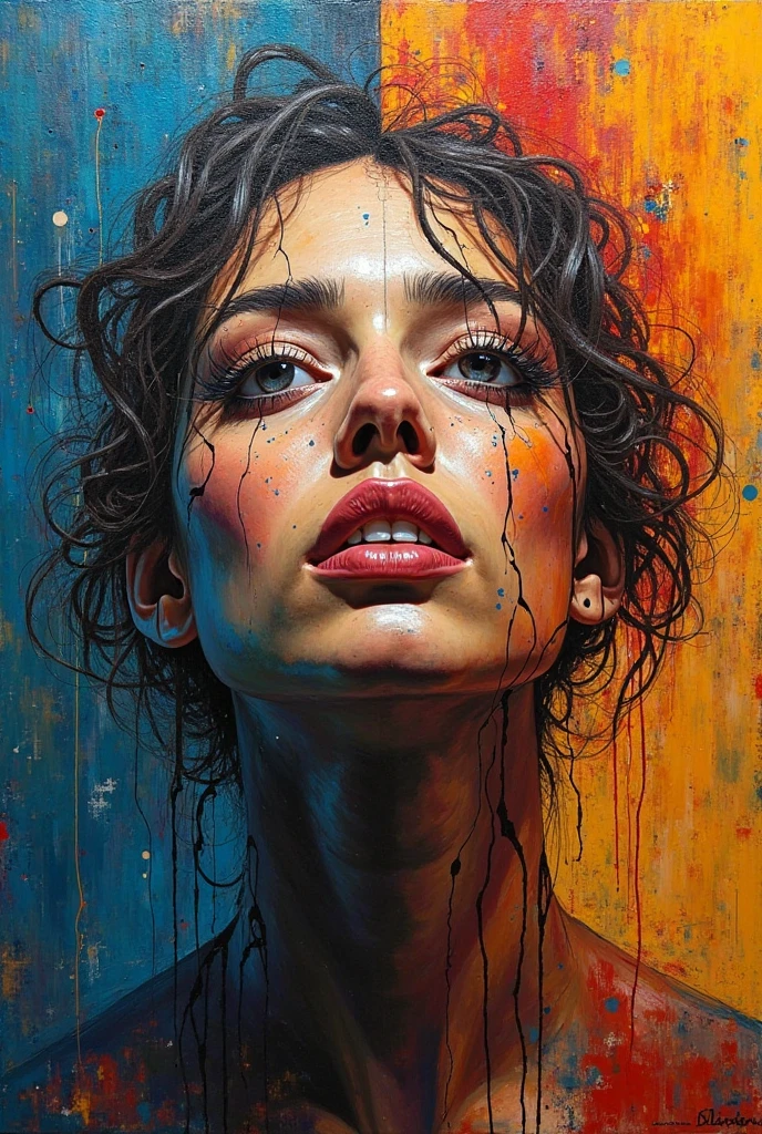 side view of girl,His mouth opened wide and he shouted loudly in anger..,watercolor,abstract art,greatly exaggerated