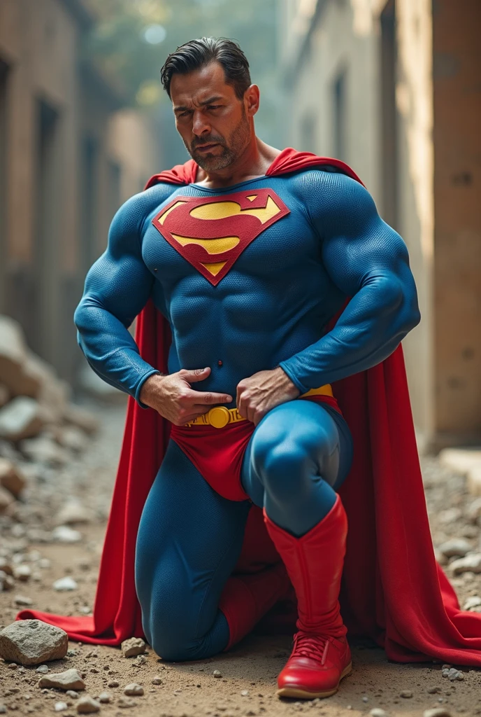 The Big show as superman with enormous muscles, wide huge pectorals dressed as a superman, hairy chest, full body, abnormal, oversizing crotch bulging crotch,