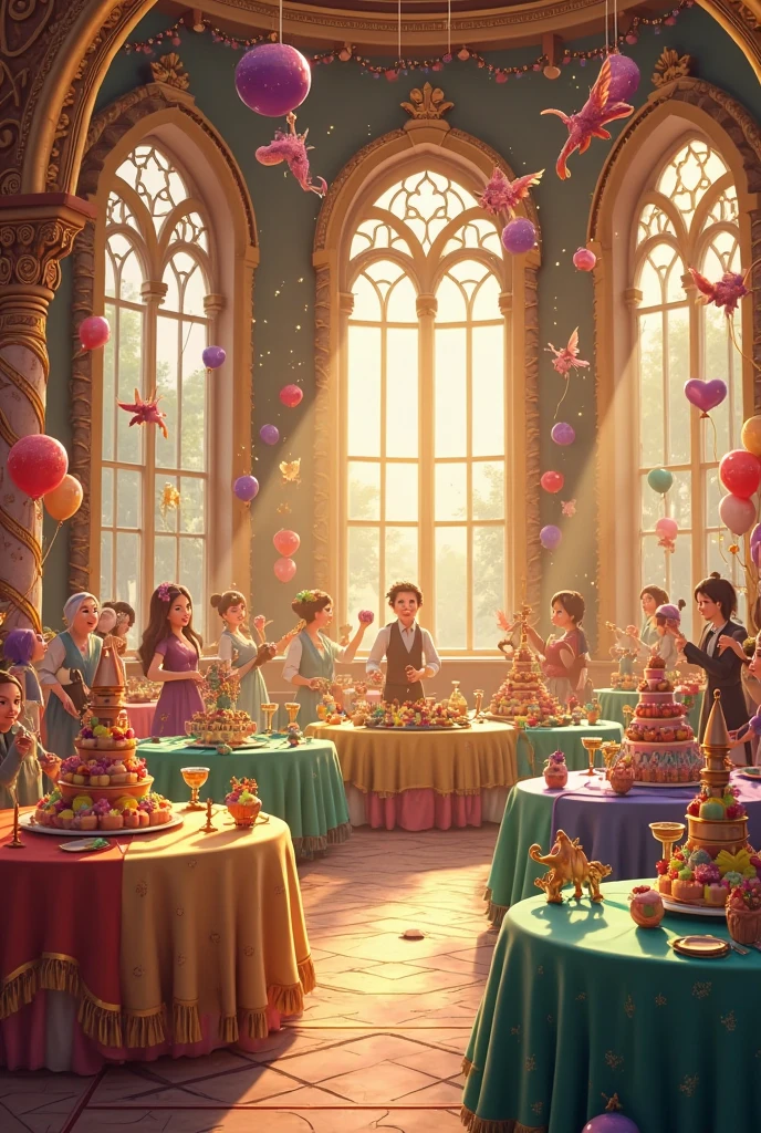 Janret in cinemetic 3d caton stail **"Magical School Dining Hall":** A grand dining hall with floating candles and plates of food appearing magically on long tables, filled with chatting and laughing children