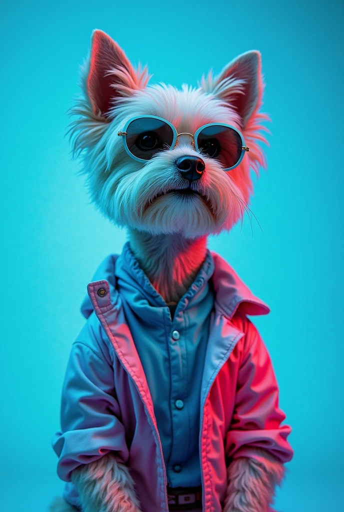 The best wallpaper for mobile, award winning wallpaper, portrait photograph, in the front view is a portrait of a cute dog wearing space age fashion from the mid-60s, foto de lado, taken with Canon EOS R5, define a strong contrast that accentuates the subject,  fluorescent blue tone, wearing a very modern jacket and sunglasses in the style of the 60s, one-color clothes, prettiest most realistic background