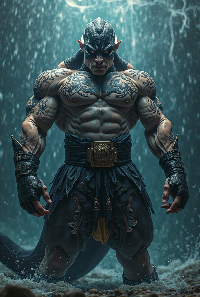 D&D, Goliath, monk, grey skin, yellow eyes, tribal tattoos, bald, muscular, athletic, red meditation bead necklace, rope tied in arms