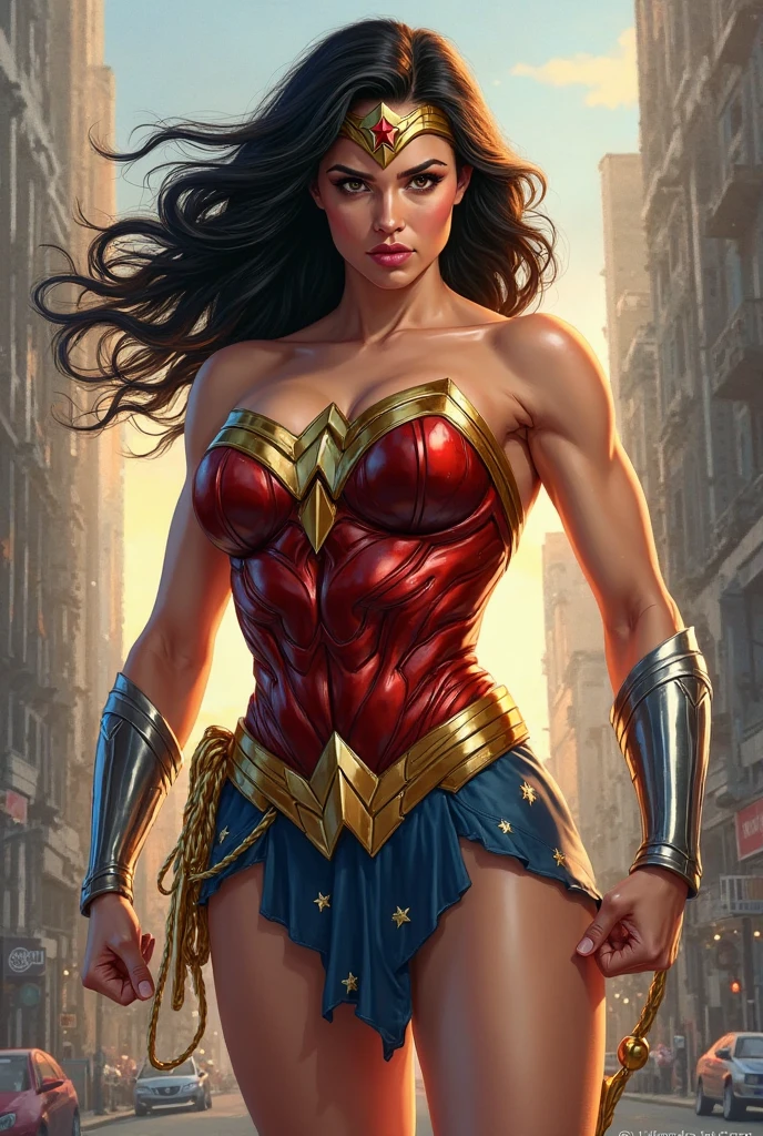 Gal Gadot as Wonder Woman standing in front of a temple full of Amazons