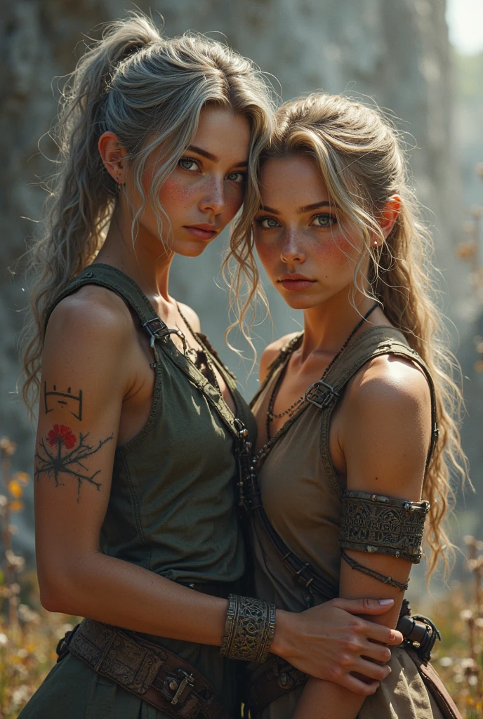 deux jeunes femmes de 25 ans, calin, s'enlaçant, visage fin, cheveux long, tresses viking, , yeux bleus, tâches de rousseur sur tout le corps, HD, 8K, masterpiece, sourire romantique, , viking tattoo, celtic tattoo, sous la pluie, sexy, guerrière viking, celtic tattoo, viking chest tattoo, dans une grotte, sous une cascade, sous la pluie, touching, carressing chest