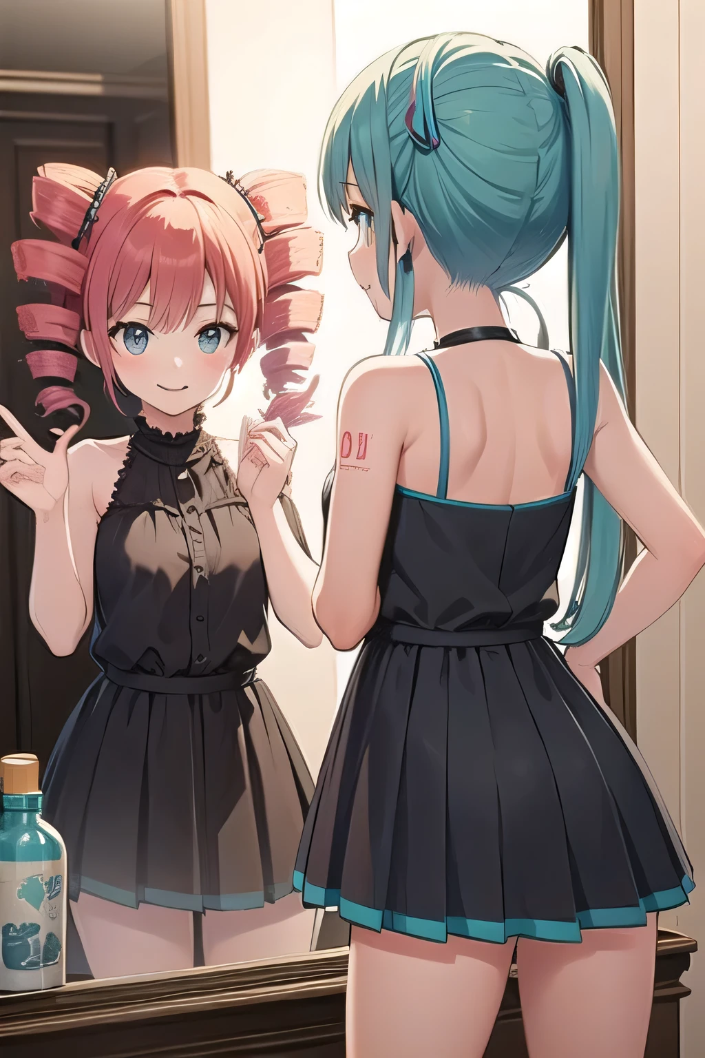 (best quality)), ((masterpiece)), ((detailed))。2 girls。Hatsune Miku。Kasane Teto。twin drill。Mirror House。((lots of mirrors 。The mirror images of the two of us are alternately reflected in the mirror))。Suspicious Smile。