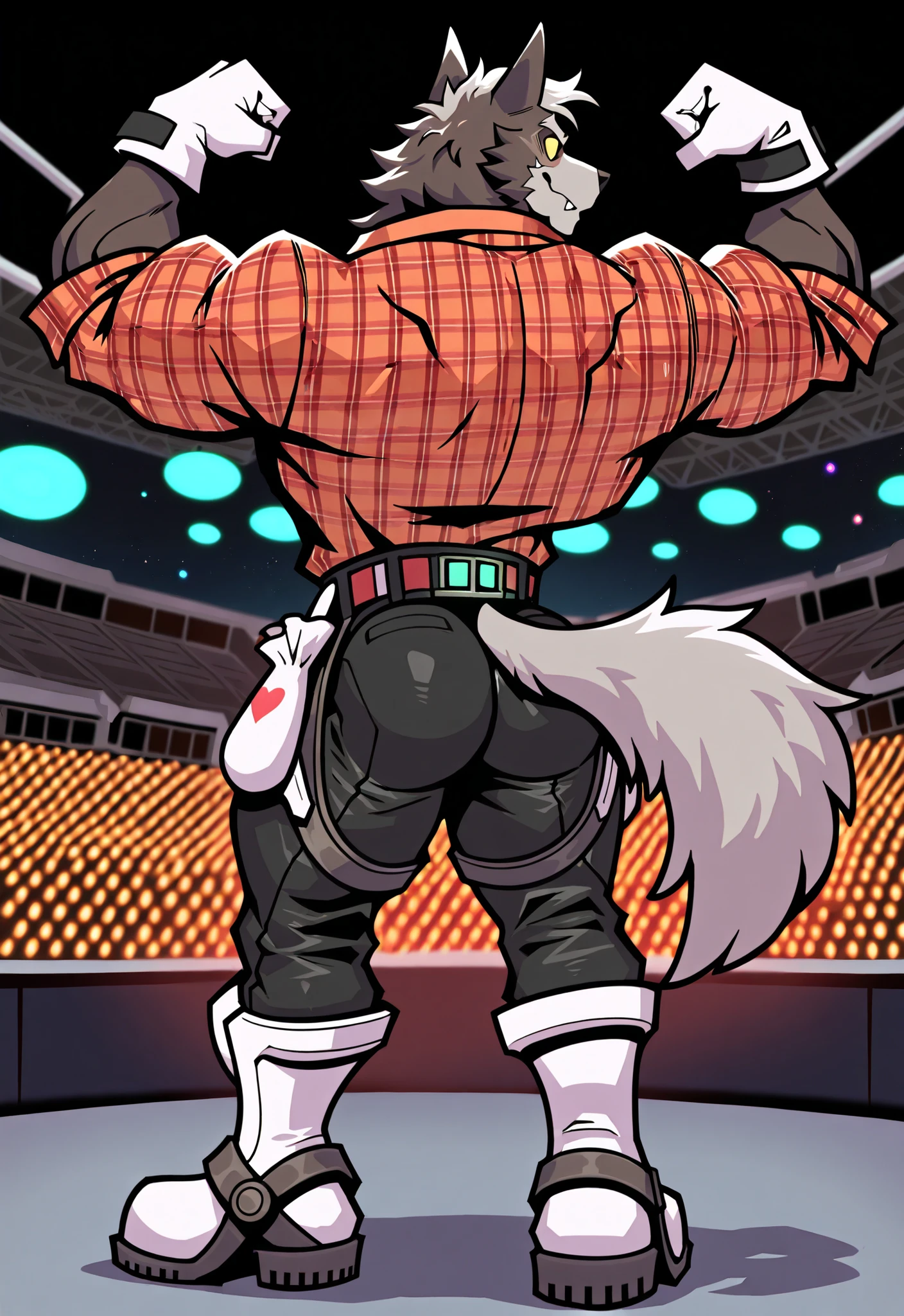 First of fourteen space cowboy werewolves from Dyne's harem! solo, alone, ass-less chaps, rodeo rope, spurs, open plaid shirt, wolf tail, handkerchief, hunky male, wolf man, wolf tail, thick muscles, hunky daddy werewolves from outer space! masterpiece, best quality, amazing quality, null-ghost, Head and pectorals focus. Masculine, buff, broad shoulders, wearing futuristic clothes, rodeo show, neon glowing gear, black jeans, no defects, no watermarks, 5 fingers, perfect hands, space boots, gloves. Posing, flexing, rodeo action, looking , in a future city, rodeo texas space station background, exciting show, aliens in crowded scene, party.