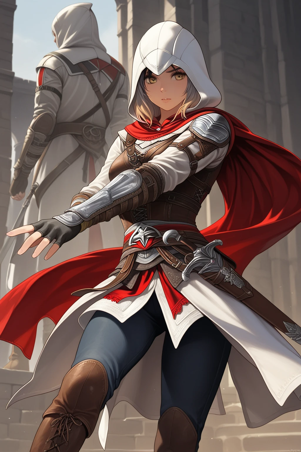 The woman, poca Clothes, Clothes, knee high boots, Bracelets on the legs, socks, stockings, Florence in the background, Florence, evening, night, Renaissance,renaissance, Very detailed, Realistic long-term photography., 4k, wide, brown hair, by the chestnut, Red lips,hood, hood, bracelet, sexy,red lips, brown eyes, big breasts, big breasts, Lucia Auditore