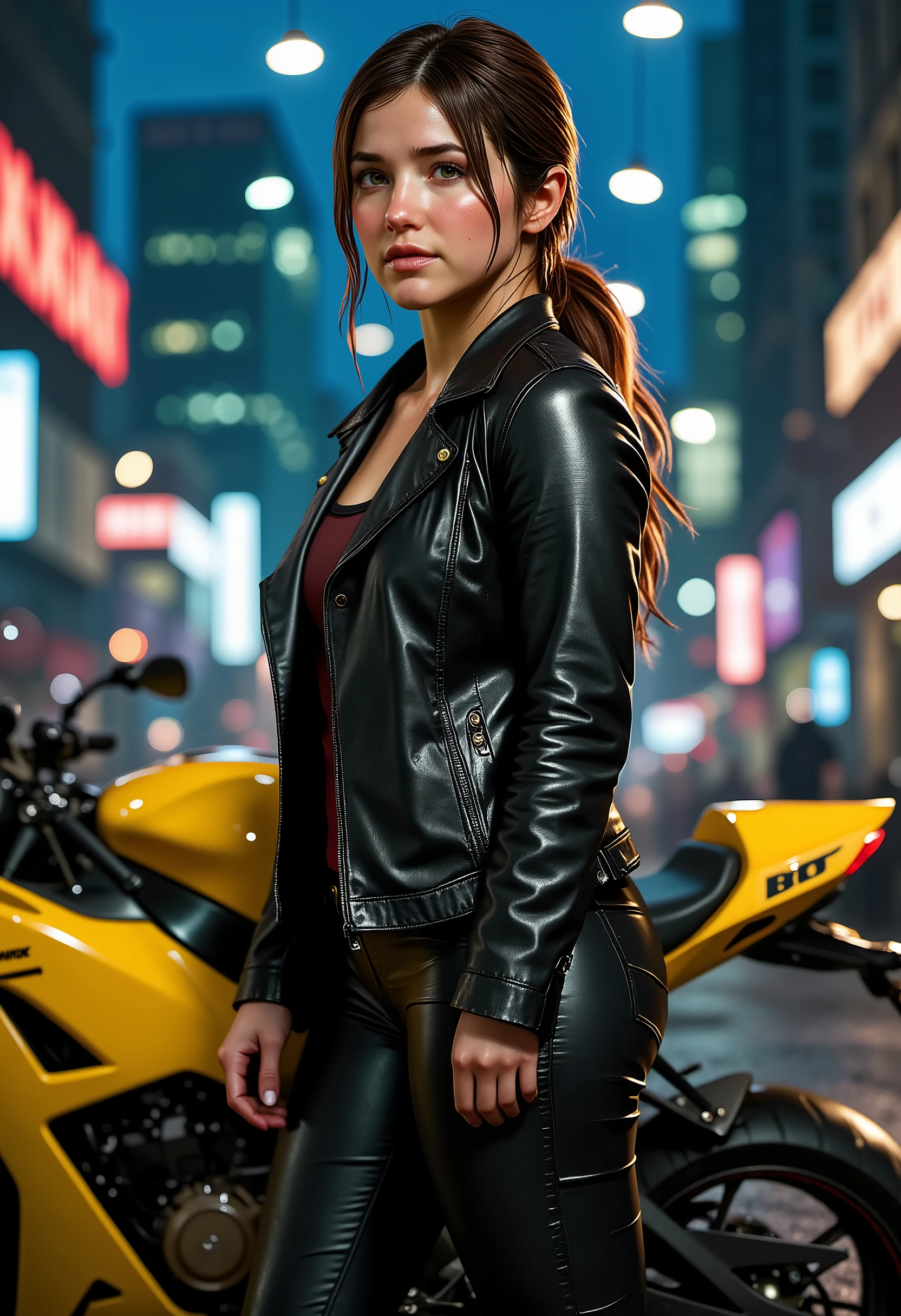 foto realista , mulher , bela, Esportes, with brown hair up to the waist , wearing leather pants and black leather jacket , stands next to a bright yellow Kawasaki Ninja, against the background of the city at night , --cref https ://.arte do mar.comer/explorar/detcomerl/csti6fte878c73d99dt0 --cw100
