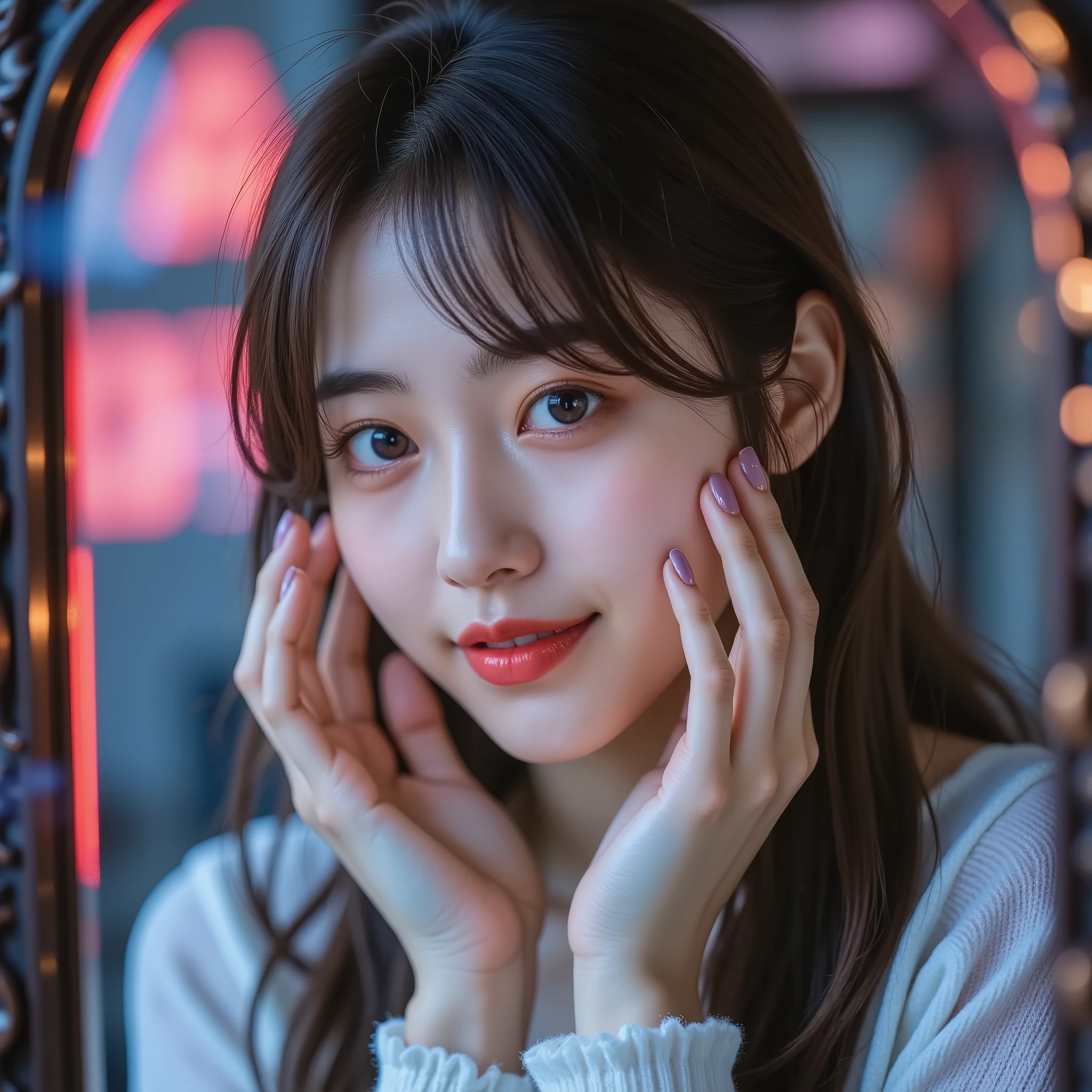 (She smiles at her face in the mirror:1.10), (Surreal RAW photo:1.8), cherry blossoms, Professional beauty portrait、purple A capture of Japan's top idol woman wearing contact lenses, Ultra-clear focus 、accurate and detailed depictions of hands and fingers based on human anatomy, long straight brown hair, straight bangs framed around her face, illuminated by dramatic sidelights combining red and blue gel lights, hands with elaborate nail art、artistic poses arranged around her face. Makeup is a sparkling red lipstick, and、This portrait has a bright room background, with a shallow depth of field、emphasizes the subject's characteristic eyes、The edges of the frame are gently blurry,