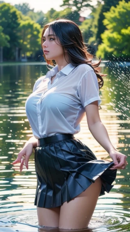 beautiful girl, brown eyes, beautiful 18 year old girl, Brown highlights hair, undercut pixie hair, short hair, lips, realistic, narrow waist, charming, pink lipstick, colorful makeup, long eyelashes, fair skin, (cute), (detailed face), detailed eyes, detailed iris, (large breasts:1.2), (full body:1.2), ((white shirt, pleated miniskirt)), (quicksand, partially submerged)