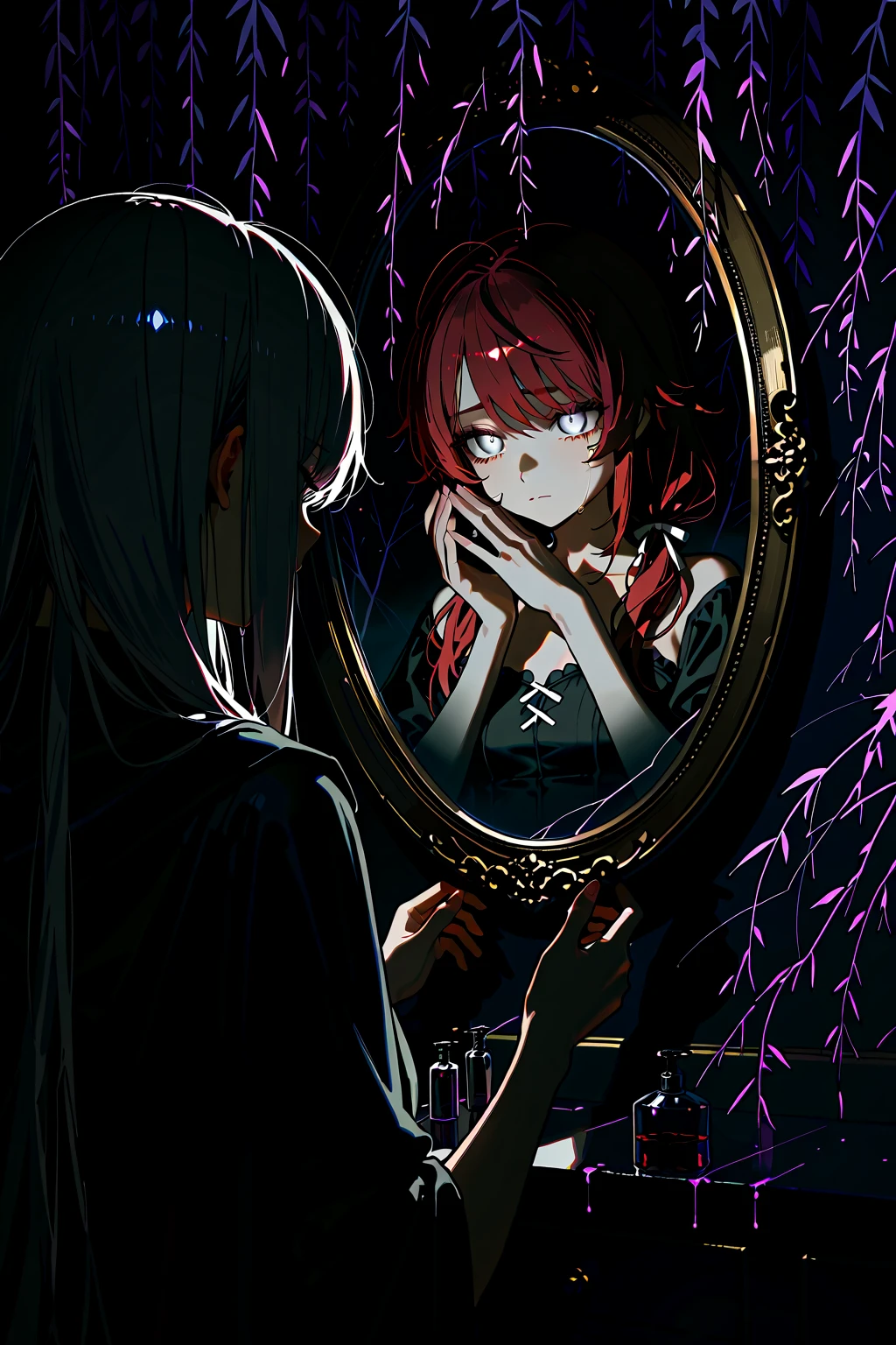 (masterpiece:1.2, Best Quality), (finely detailed beautiful eye: 1.2), (beautiful detailed face, good_hands), 2girls, facing each other, purple willow tree branches, fog, mist, night, portrait, close up, looking at each other, mirror, character: looking into mirror, reflective mirror, expressionless, dark red hair, gray eyes, swept bangs, long sidelocks framing face, eyelashes, long hair, low twin tails, white ribbons, thin, small breasts, strapless gray shirt, black cloak, tattered cloak, character: shadow figure, girl covered in darkness, hands covering eyes, sad, crying, glowing eyes, scythe, white hair, stark white hair, white eyes, ghosts, haunted, dark background,, dramatic composition with ink splatter effects, manga style with explosive effect,dramatic lighting,