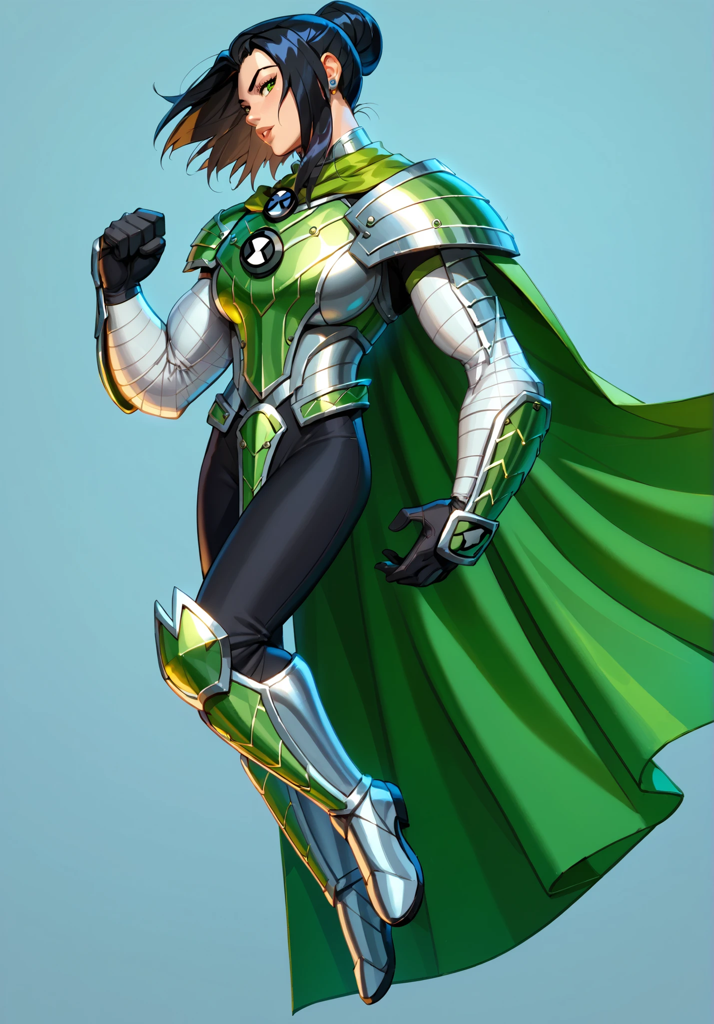 {{masterpiece, ultra-high quality, professionally detailed, professionally shaded}}, 1girl, Huge breasts, large breasts, Ben10, insignia, green eyes, black hair, long hair, green cape,thin arms, black hair, armor, black pants,ultra detailed armor, ultra detailed face, ultra detailed breasts, ultra detailed arms,female focus, female arms, silver armor,green armor,thin forearms,huge breasts, green detailed, huge breasts, Big boobs, ((huge breasts)1:1)