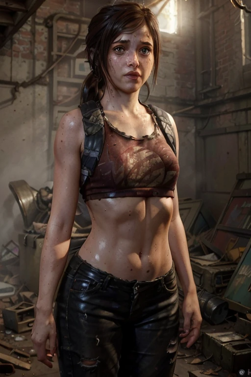 photorealistic photo of a Hot cleverage open torso or  ponytail scared terrified Sci fi Emilia Clarke holding a sci fi pistol on Dark ishimura haunted abandoned Horror Space Ship photography, photorealism, cinematic rendering, ray tracing, the highest quality, the highest detail, Cinematic, Third-Person View, Blur Effect, Long Exposure, 8K, Ultra-HD, Natural Lighting, Spooky Red mist Moody Lighting, Cinematic Lighting