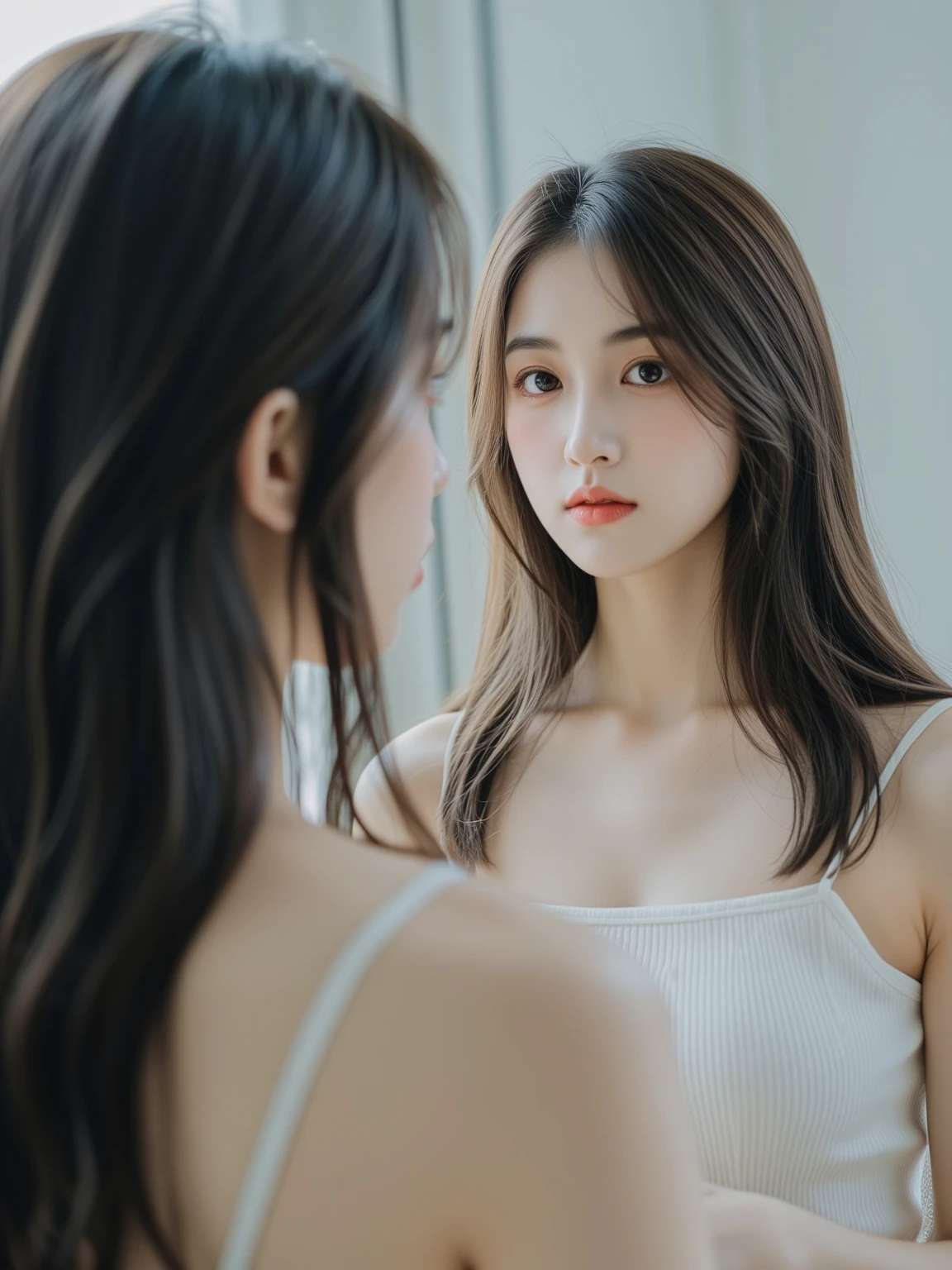 best quality,ultra high res,(8k, RAW photo, best quality, masterpiece:1.2),detailed face,
model,standing,mirror,reflection,looking at mirror and viwer,<lora:pose mirror:1>,