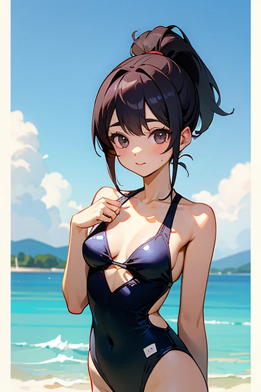 Light reflects on the hair and makes it shiny、Backlight、face light、Close-up light on chest、(summer Beach :1.1)、(random coler bikini:1.3)、I don't wear pantyhose1,9、 round glasses、round face、young face、small nose、,(with sparkling eyes and a contagious smile),brown hair、fine hair,hair spreading in the wind、hair is shiny、short braided hair、masterpiece, highest quality, Super detailed, High resolution, Detail view, very beautiful detailed face and eyes, bright colors, 1 girl, Beautiful lighting, cute face, delicate beautiful face, Bright magenta eyes, cute eyes, sparkling eyes, Big eyes, medium breasts, (perky chest:1.1), (pointed chest:1.1), medium hips, glamorous body, white skin, smile, break, thin pubric hair, shiny hair, off underware ,small cute ribbon, Real World, Natural light, perfect lighting,perfect Natural light、looking at viewer,