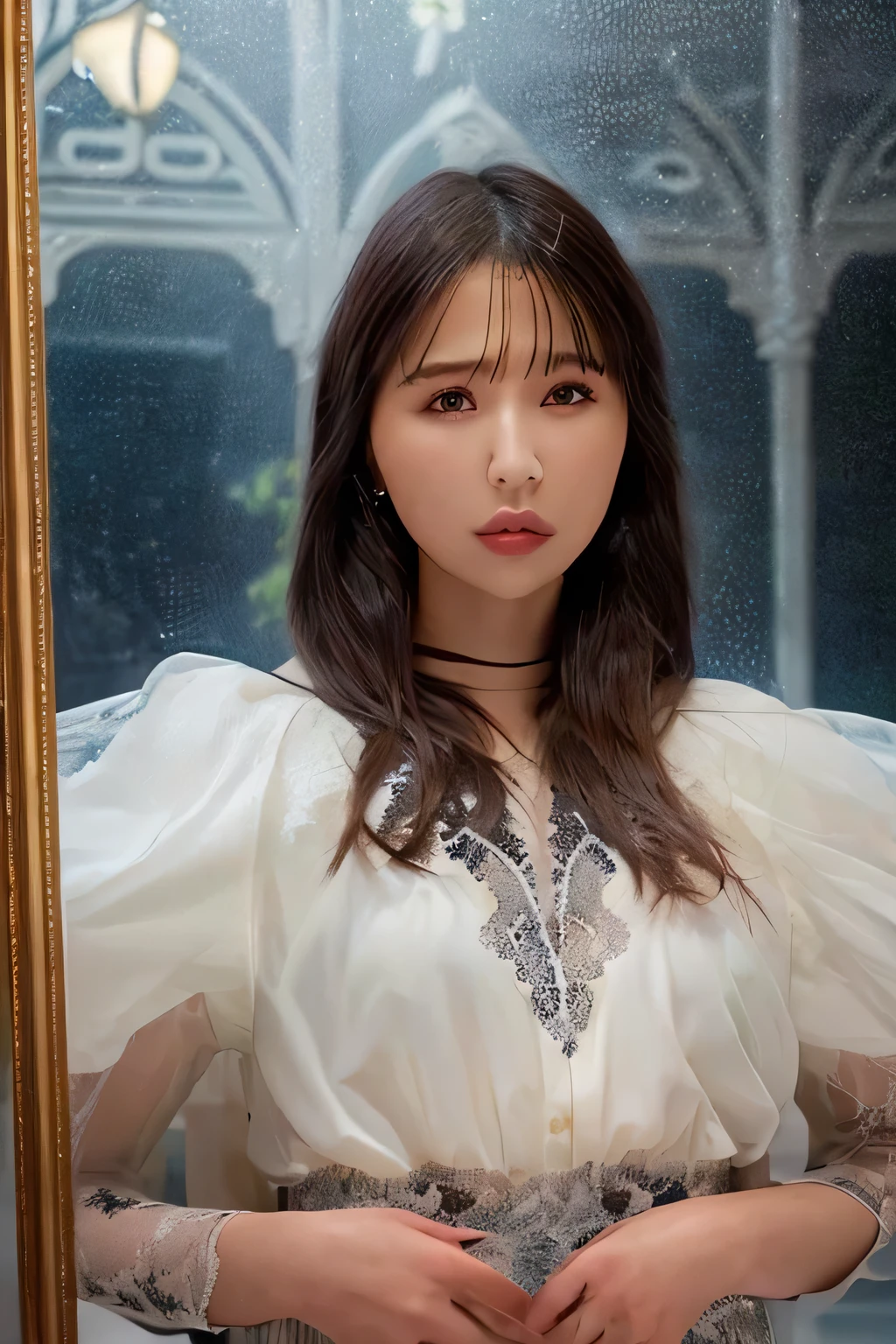  Wonderful, (sheer lace dress:1.2),(She is wearing a highly revealing white micro lingerie set:1.2), with blue eyes. ((Close-up shot of the mirror showing the girl's face:1.3)),The Girl in the Polished Mirror、(((The girl's face is reflected in the mirror]1.3)),Innocent Enchantment,(She is standing in front of a gorgeous crystal mirror framed by delicate silver carvings and staring at the viewer through the mirror:1.3),((Room in a medieval castle)), Her body is soft ,black straight short cut hair, Warm light gliding through every curve. Her reflection in the mirror is beautiful, confident expression. The room is softly illuminated by flickering candlelight,((There is a large mirror on the wall and the front image is reflected in the mirror:1.3)), Very nice atmosphere, enchanting, and gorgeous. style: High Resolution Digital Art, Ultra Detailed, Sensual realism with subtle fantasy highlights.(watching viewers),(鏡の中からを感じてwatching viewers:1.2),(Half Open Mouth)  


