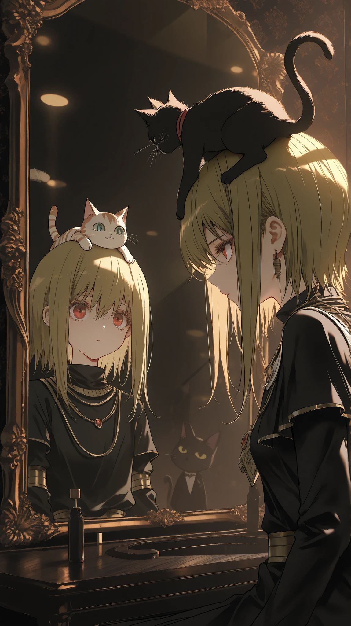 dark_art_style,dark_light_style,artist:kazutake_hazano, artist:danimaru,[artist:ask_(askzy)], artist:wanke, artist:wlop, artist:fujiyama, artisit:yuyu_(yuyuworks)，artist:hiten_(hitenkei),atrisit:dishwasher1910,in style of ashley wood,in the style of Alex Hirsch,in style of American McGee, 
highres shiino, yu-gi-oh! yu-gi-oh!_duel_monsters ,yu-gi-oh!_gx, atem ,pharaoh_(cat) ,  1boy, dark-skinned_male, dark_skin, male_focus, name_connection , solo ((animal, animal_on_head, cat, cat_on_head ,chibi, oekaki on_head)),
(against_mirror, same_reflection,from side:1.3),
